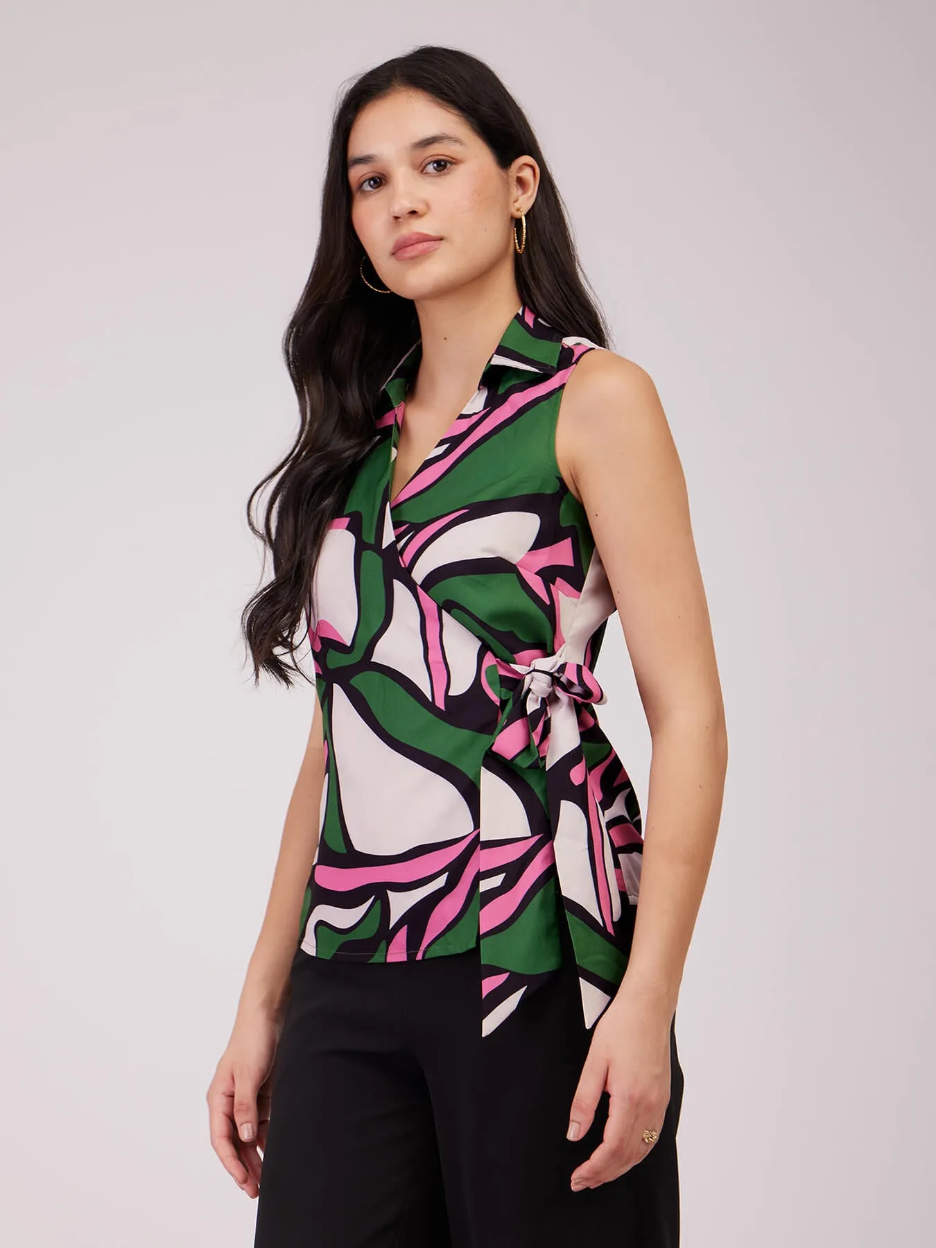 Abstract Print Wrap Top - Green And Pink