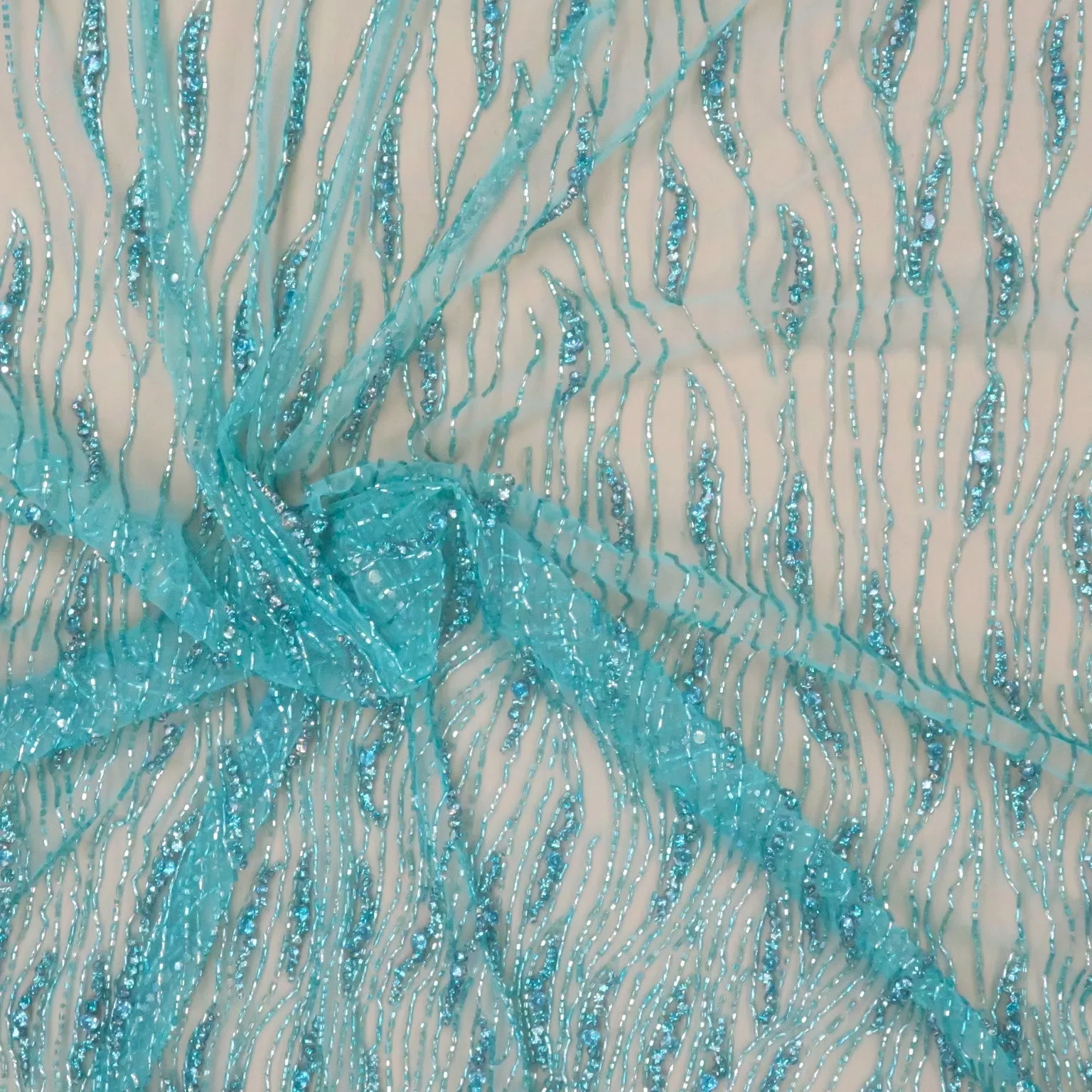 Aqua Bugle Beads and Rhinestones Modern Embroidered Tulle Fabric