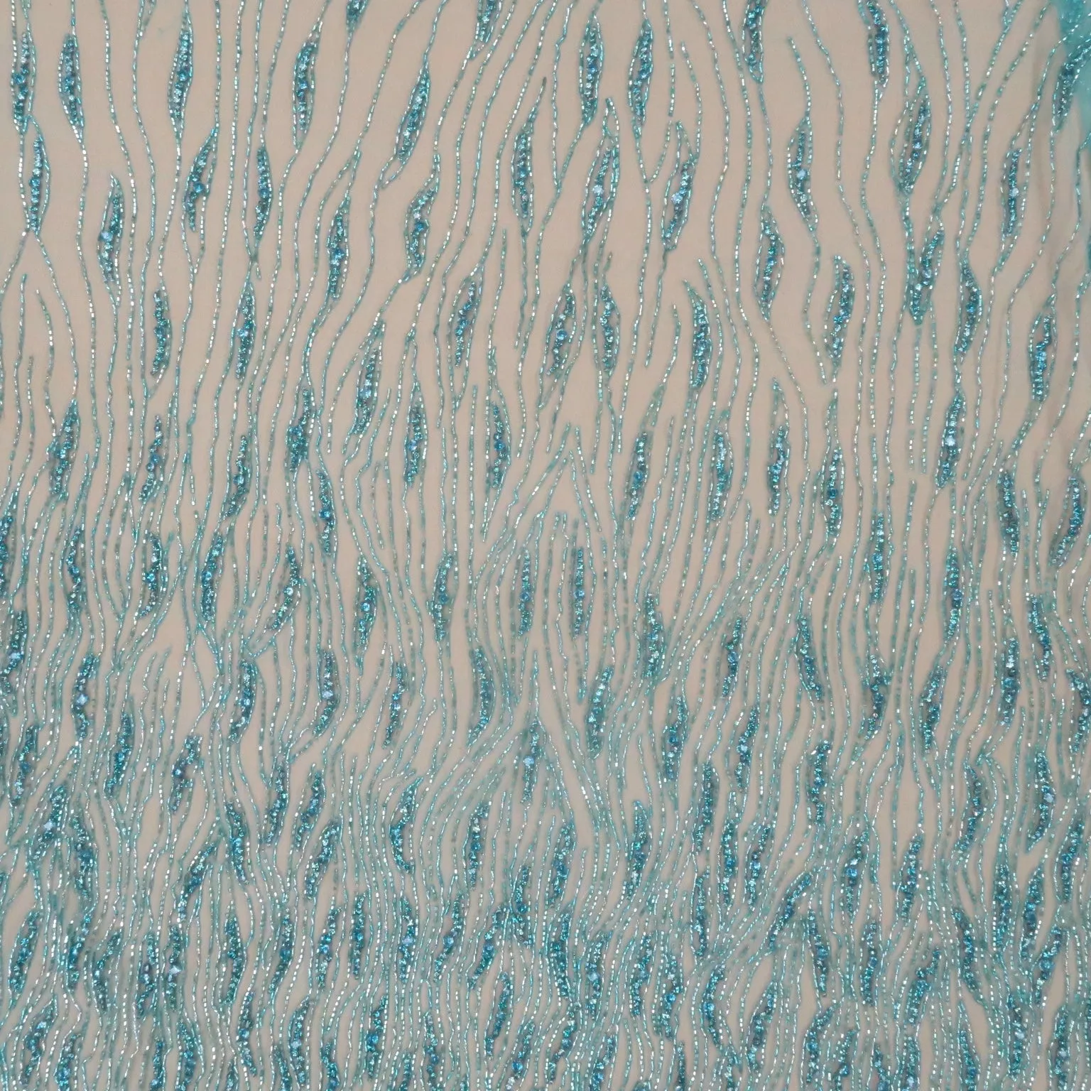 Aqua Bugle Beads and Rhinestones Modern Embroidered Tulle Fabric