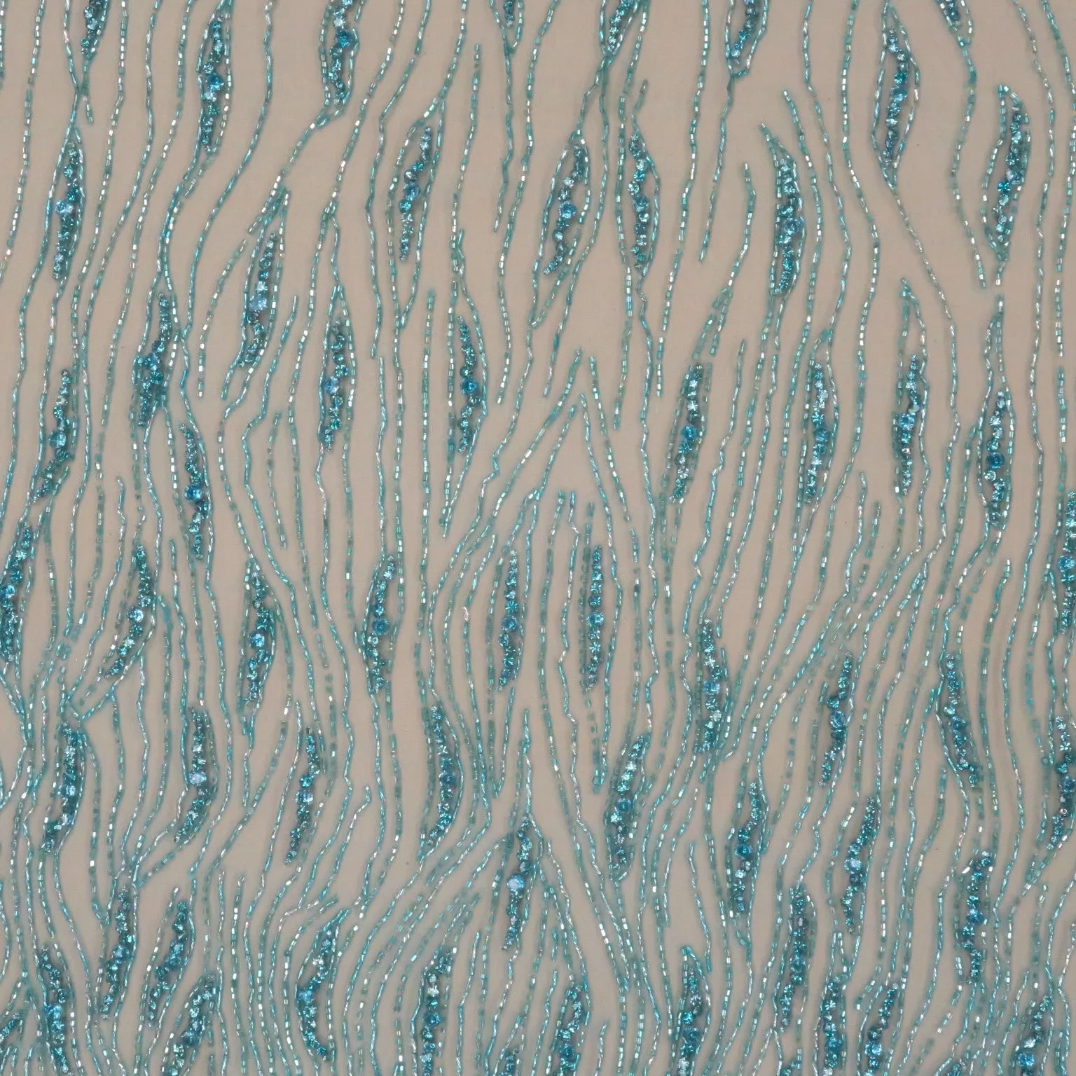 Aqua Bugle Beads and Rhinestones Modern Embroidered Tulle Fabric