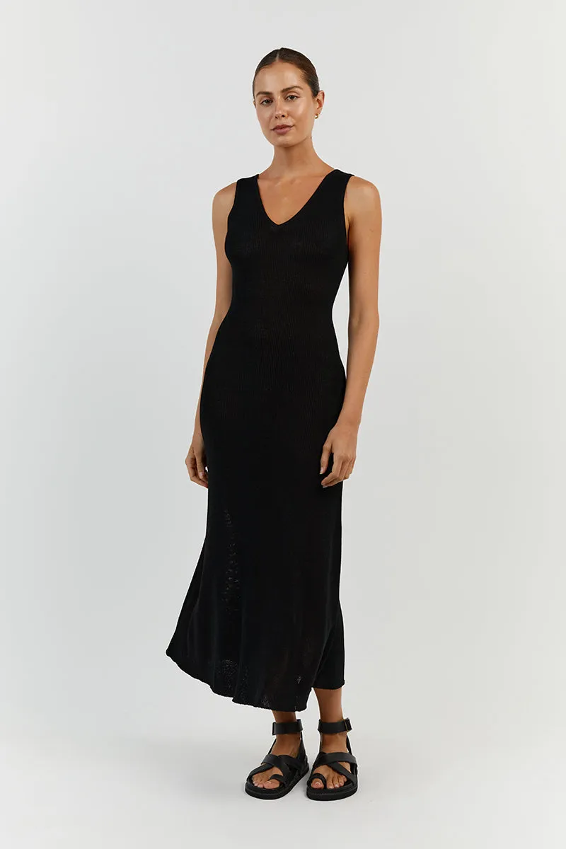 ASHER BLACK V NECK MIDI DRESS