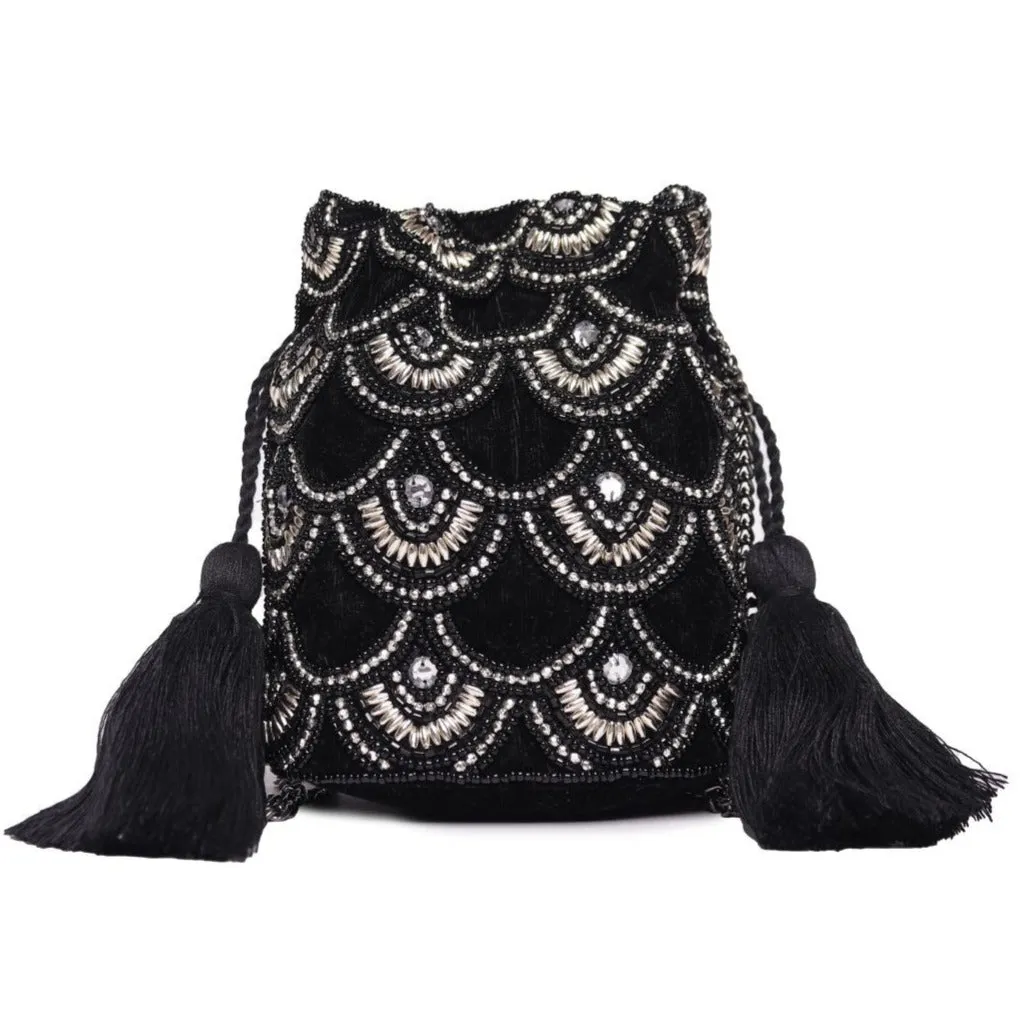 Black Beaded Embroidered Woven Makeup/Travel Pouch