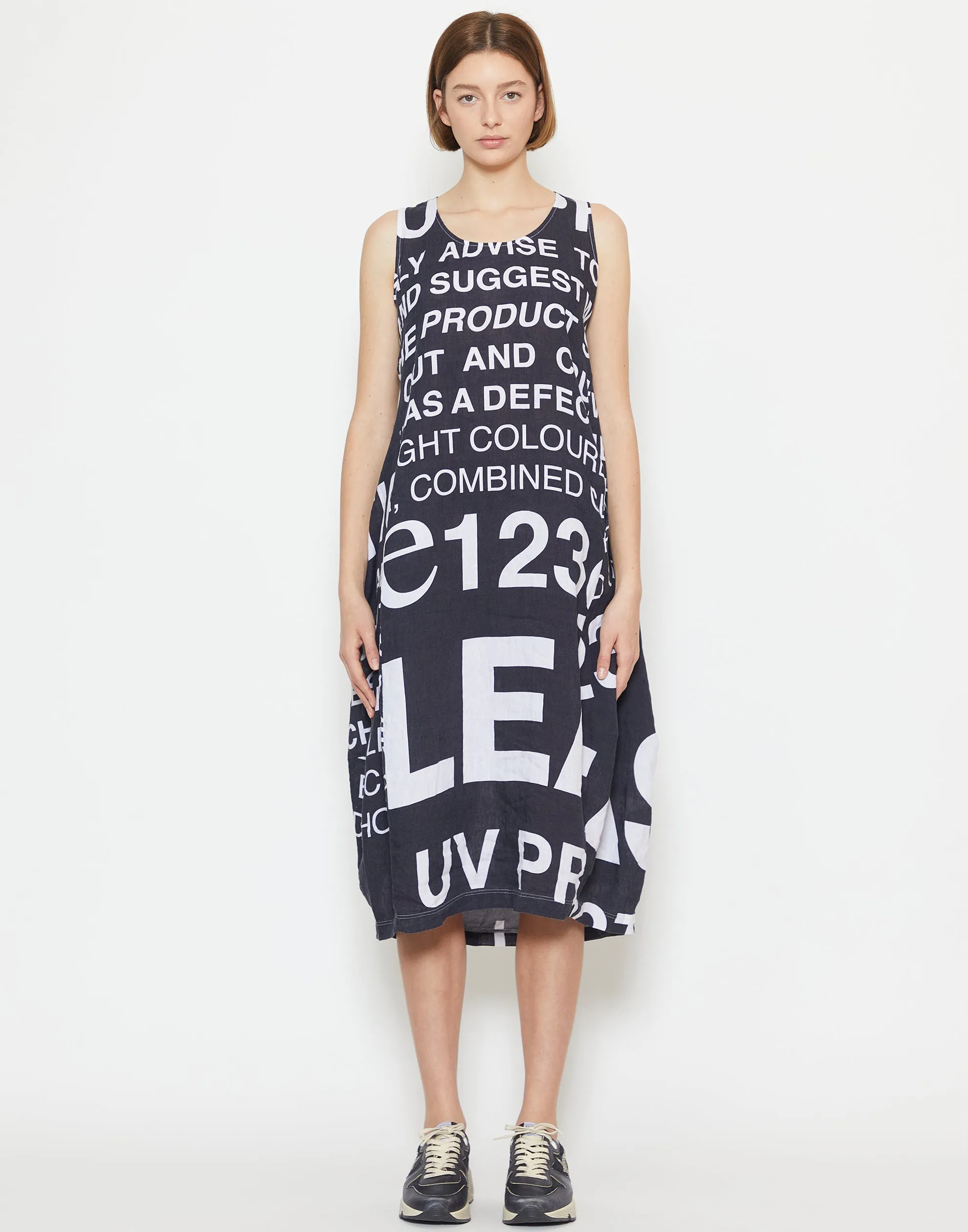 Black Printed Linen Sleeveless Dress