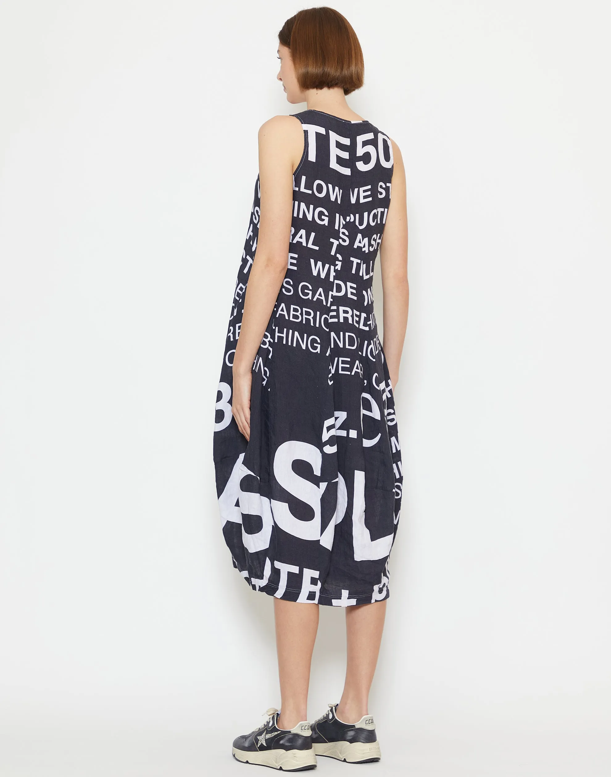 Black Printed Linen Sleeveless Dress