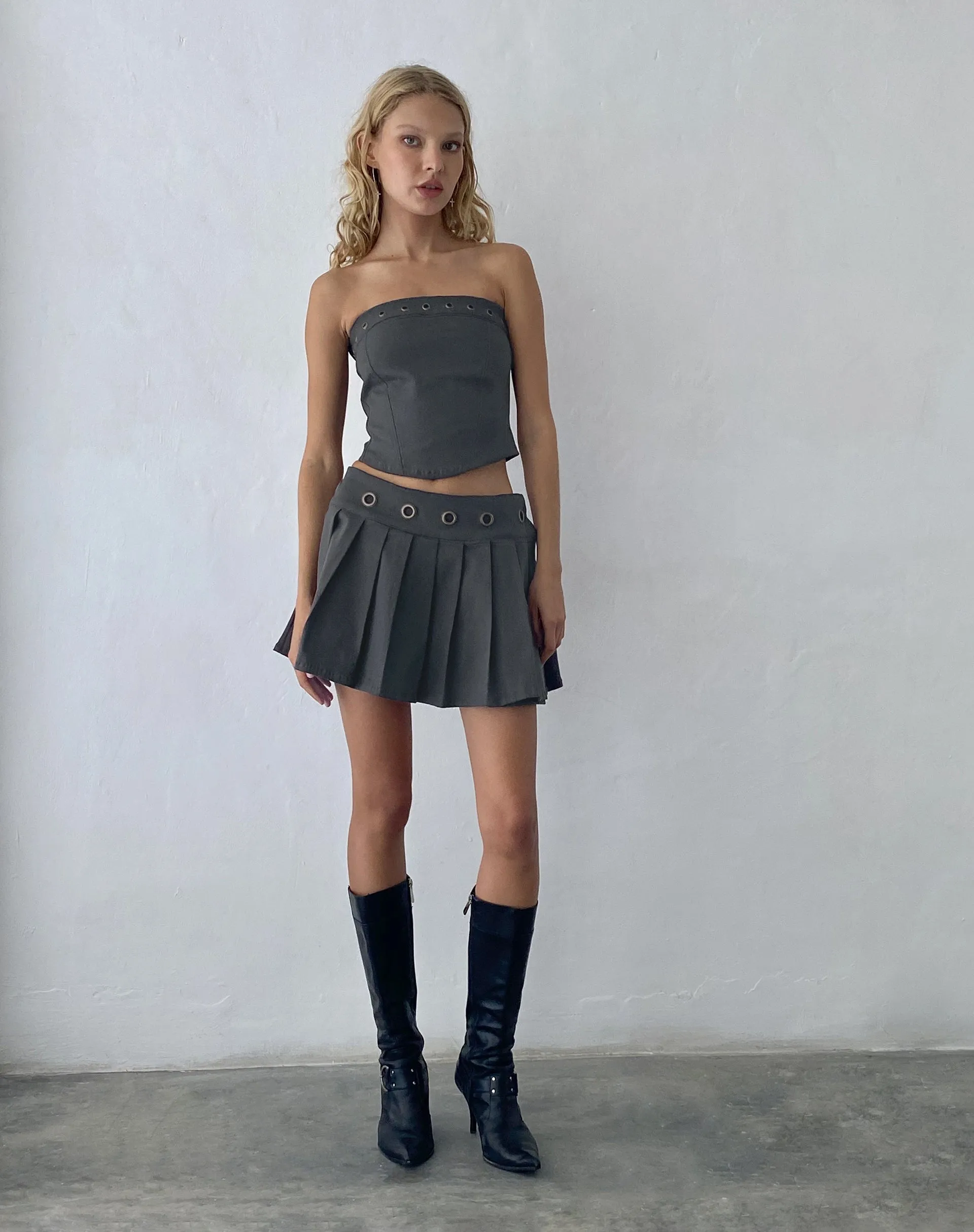 Caluna Eyelet Mini Skirt in Charcoal Grey