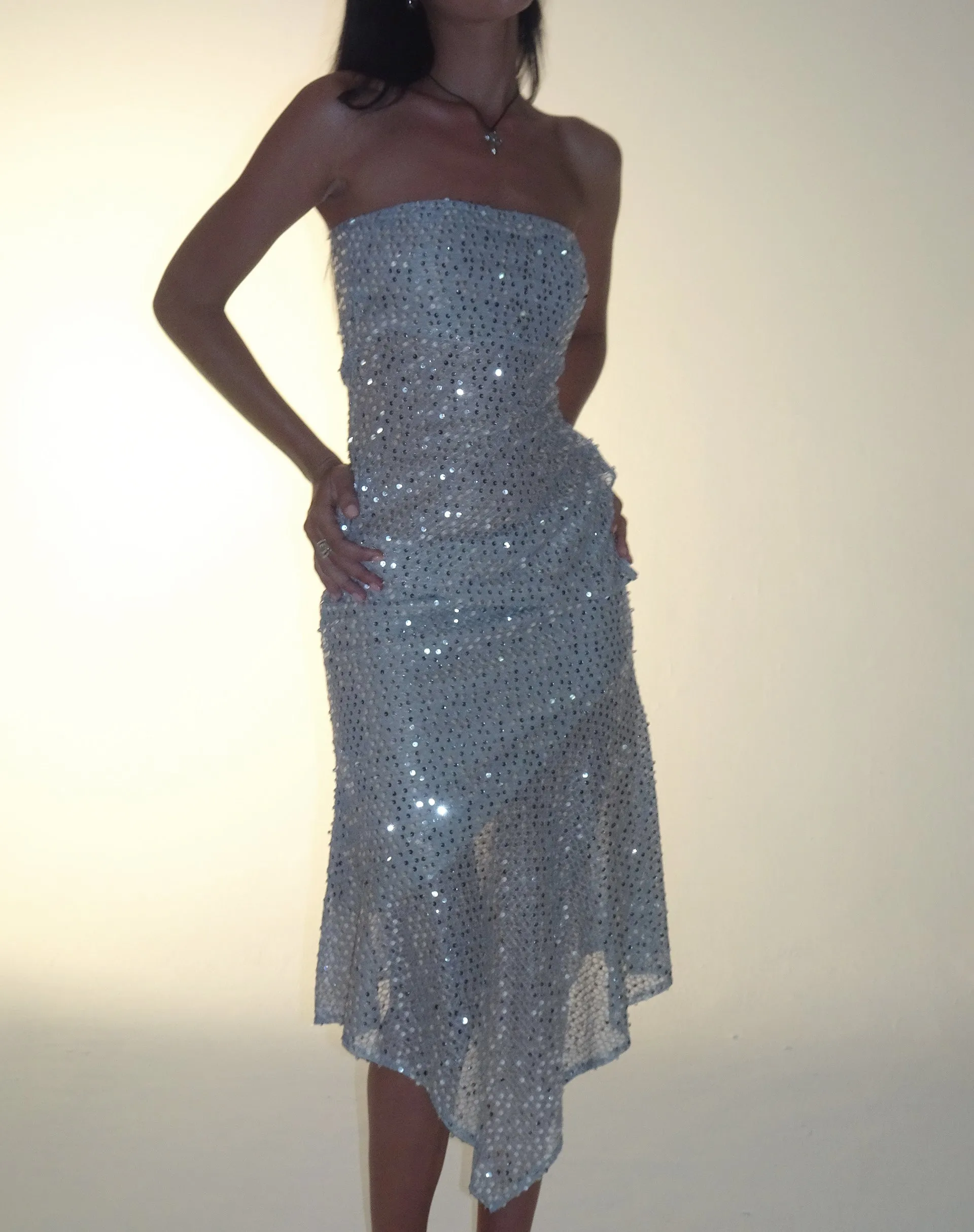 Carita Midi Skirt in Sequin Knit Silver