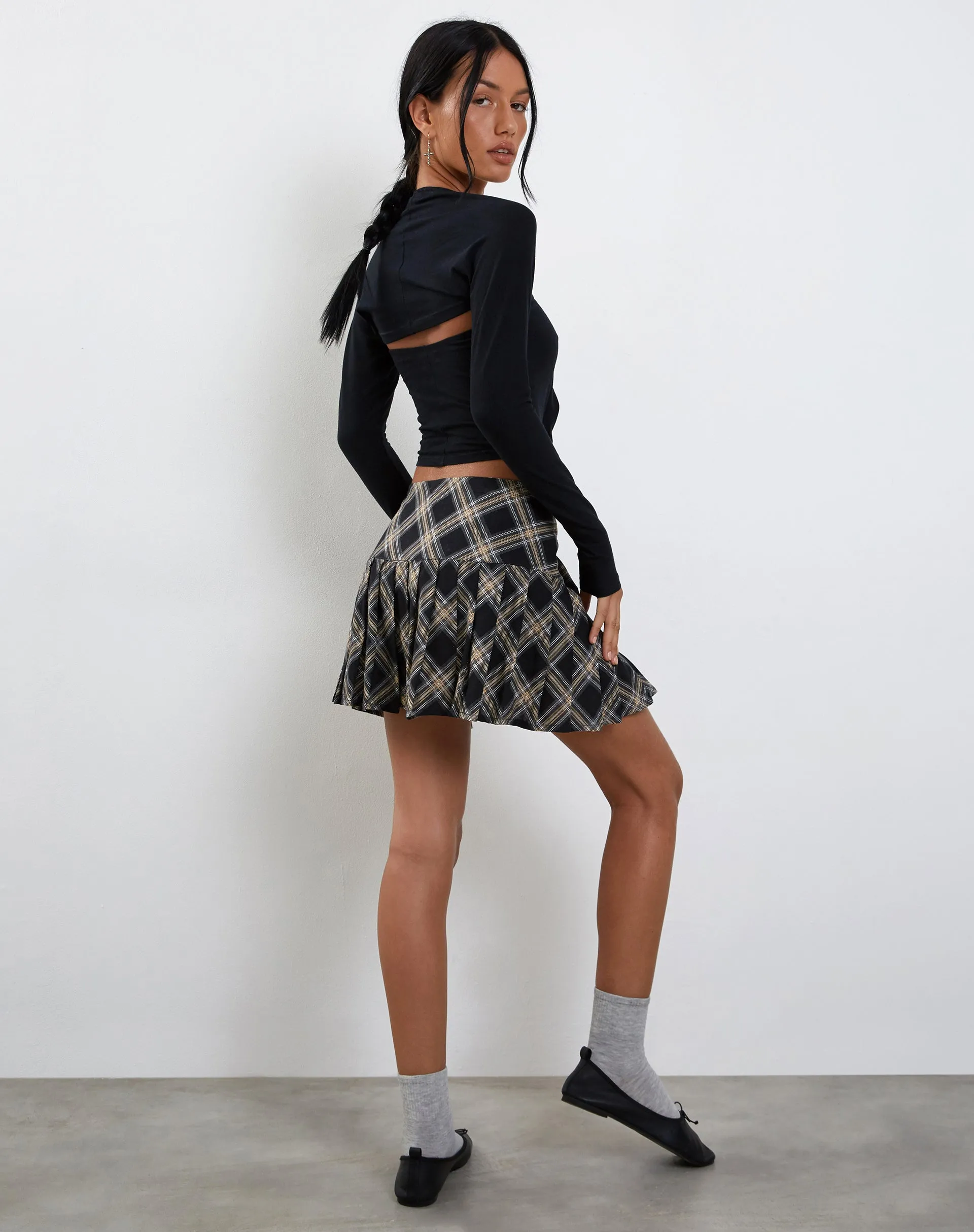 Casini Pleated Micro Skirt in Black and Grey Check