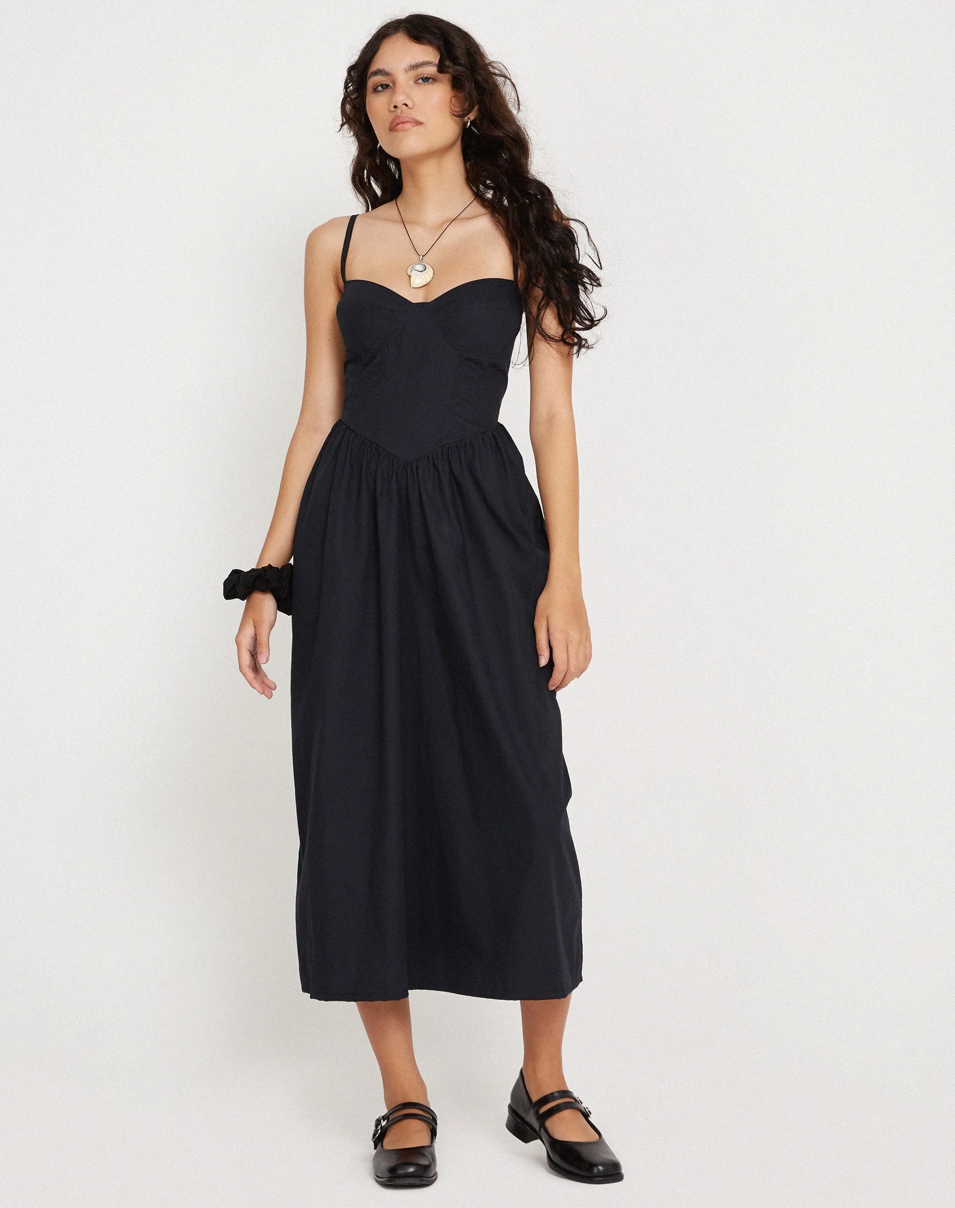 Clementine Corset Midi Dress in Black Poplin