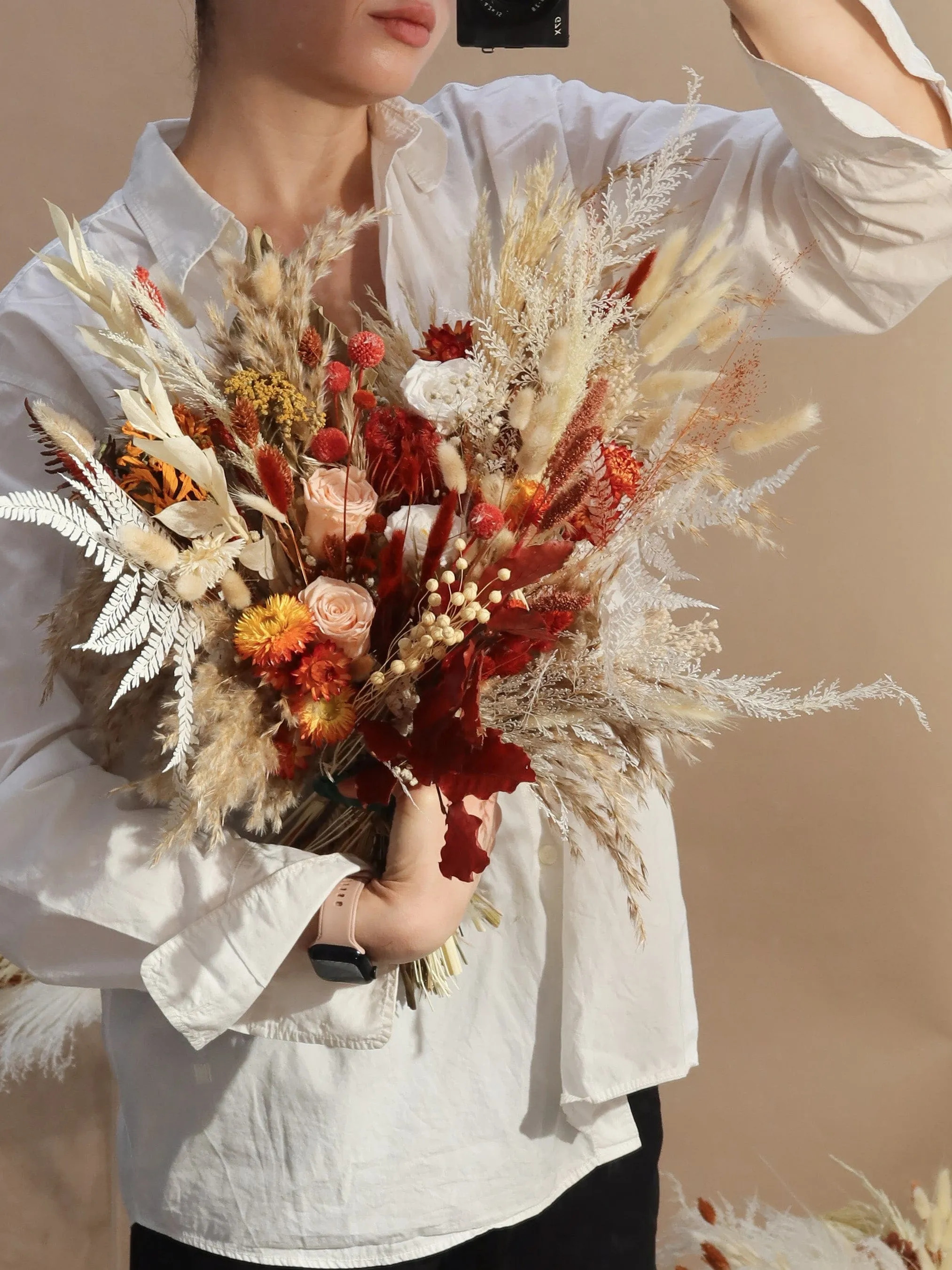 Colourful Dried Flowers Bridal Bouquet - Autumn Peach & Red