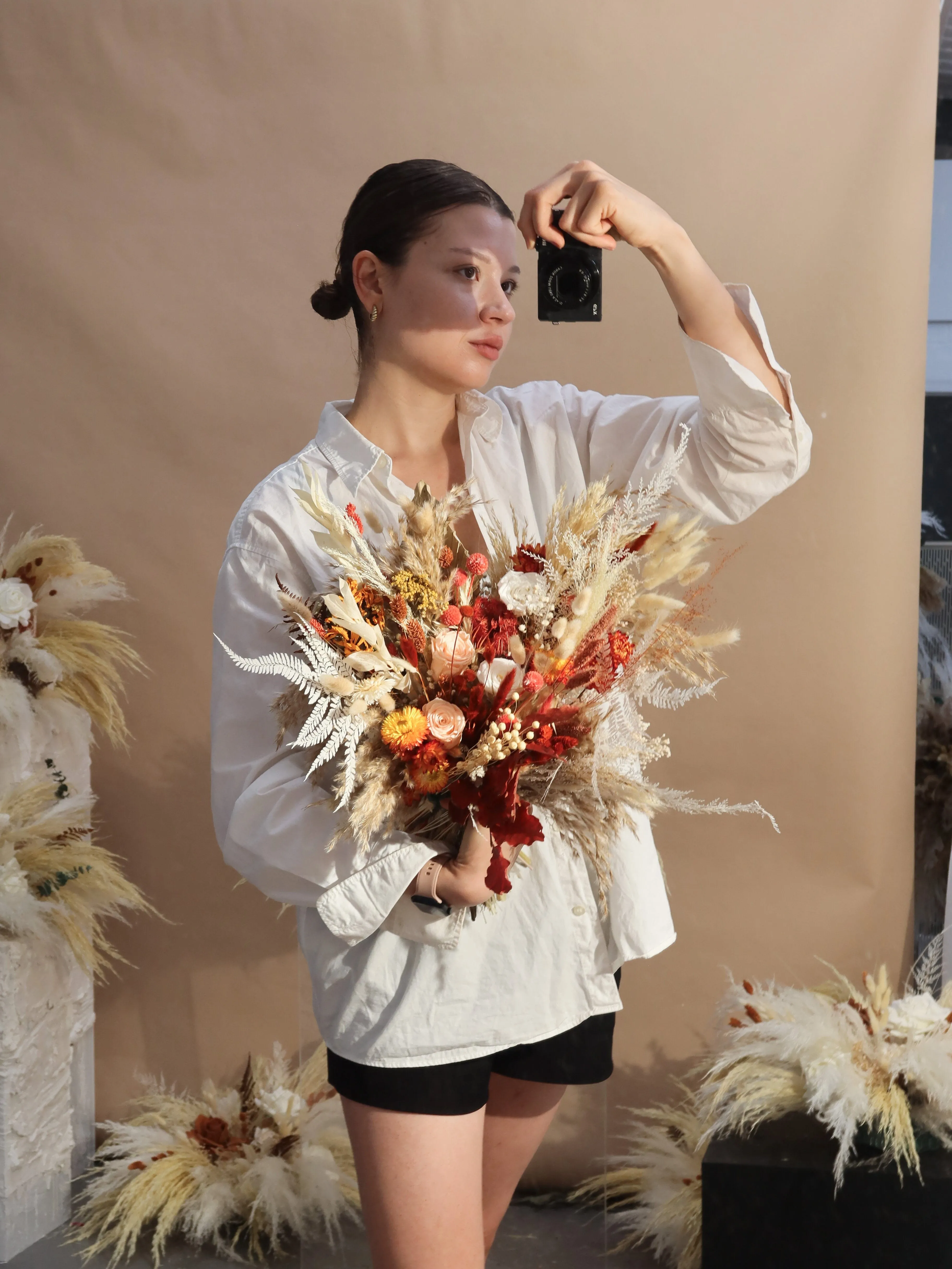 Colourful Dried Flowers Bridal Bouquet - Autumn Peach & Red