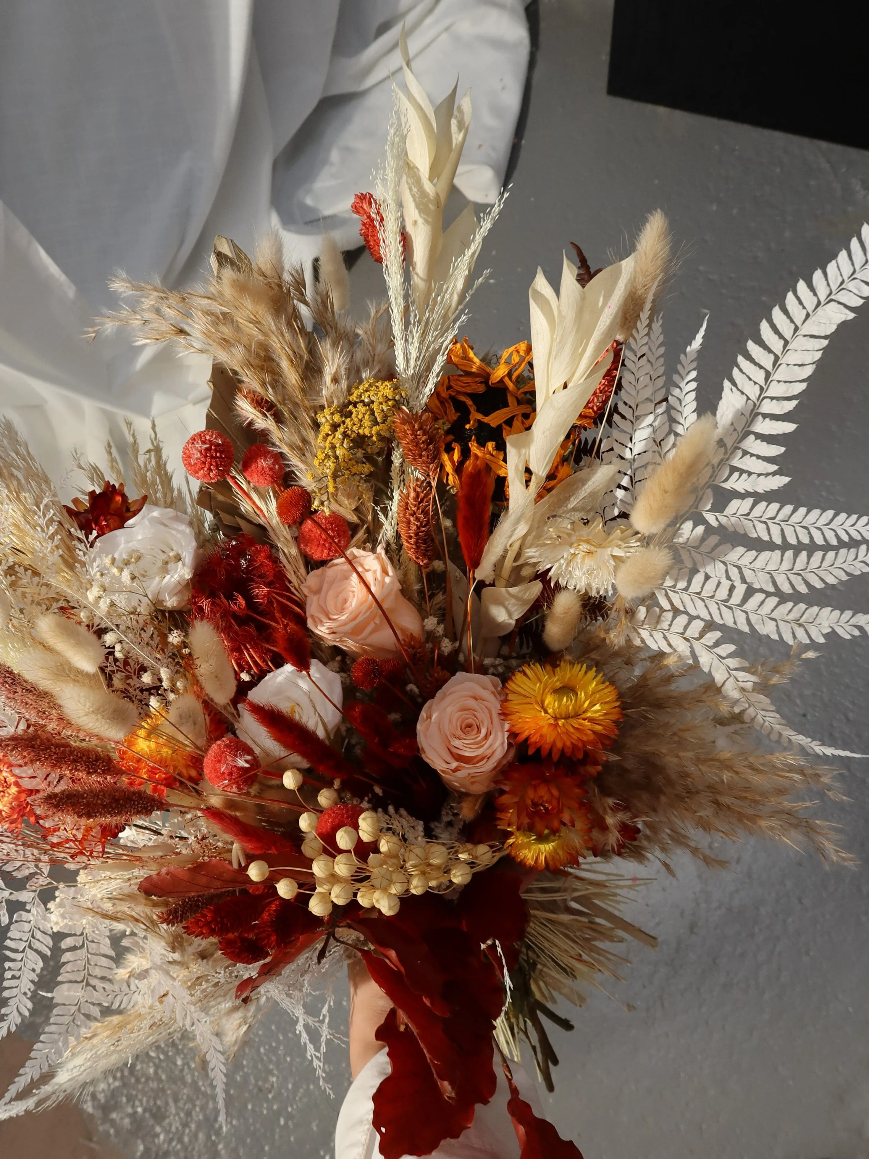 Colourful Dried Flowers Bridal Bouquet - Autumn Peach & Red