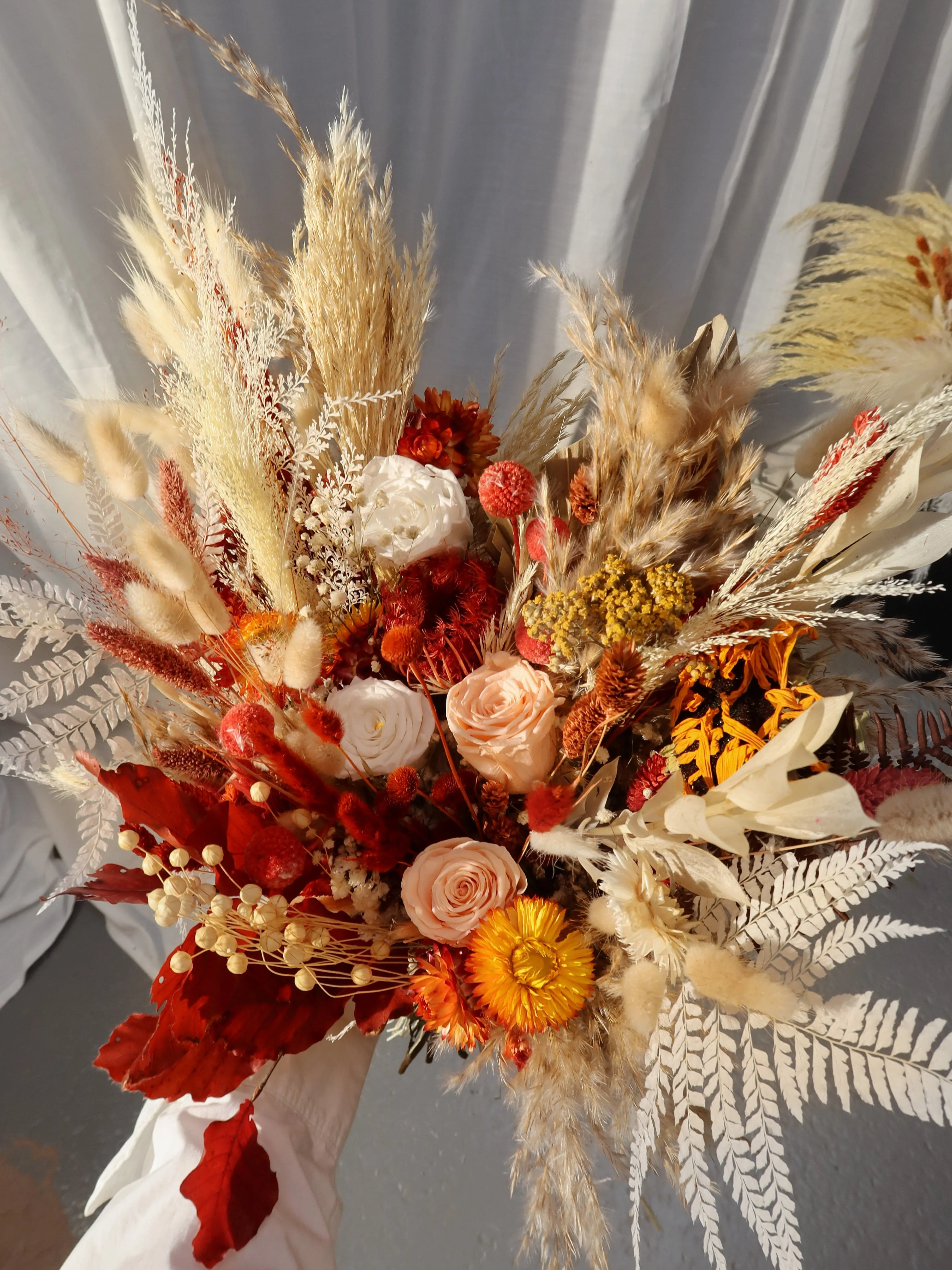 Colourful Dried Flowers Bridal Bouquet - Autumn Peach & Red