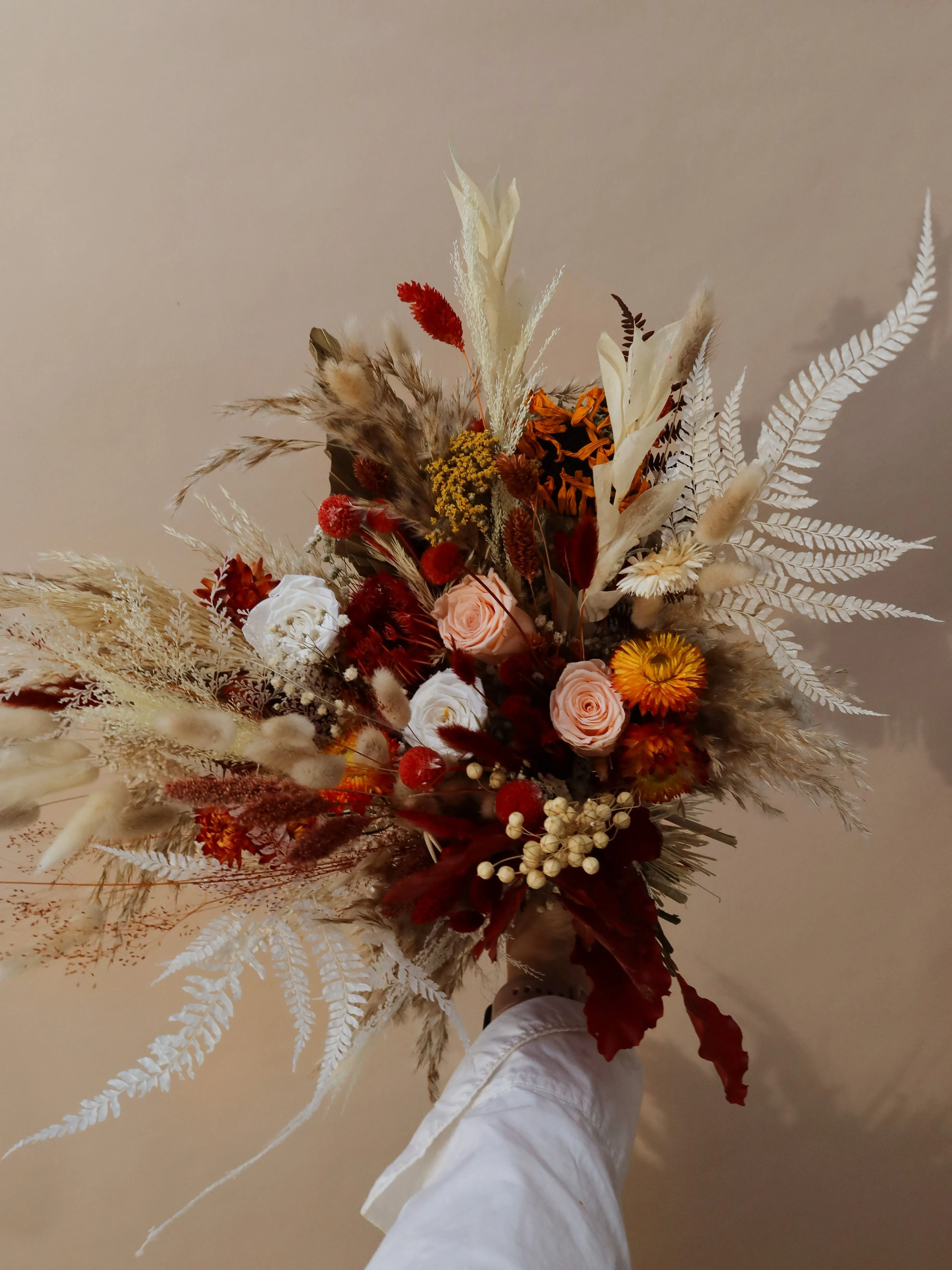 Colourful Dried Flowers Bridal Bouquet - Autumn Peach & Red