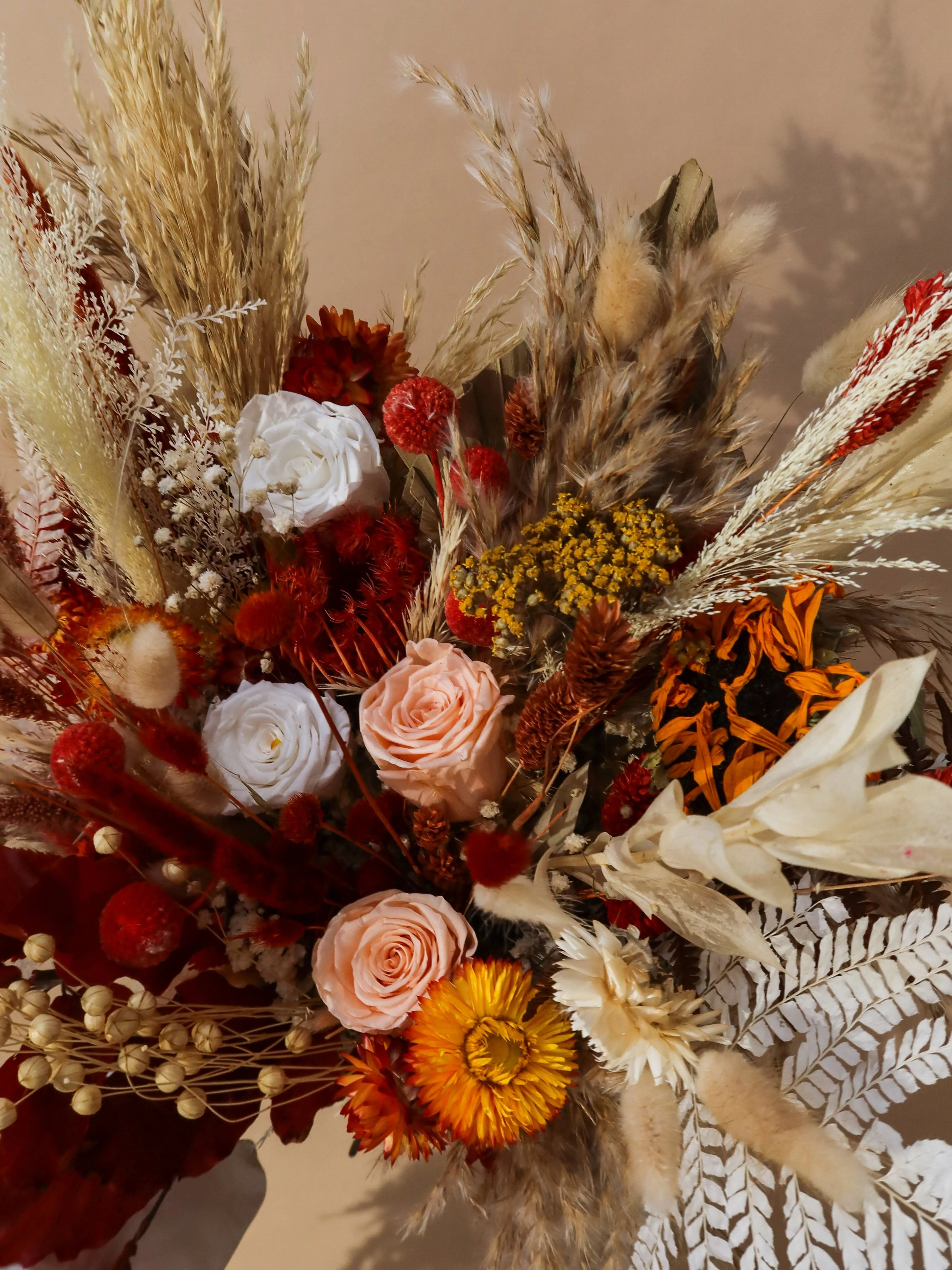 Colourful Dried Flowers Bridal Bouquet - Autumn Peach & Red