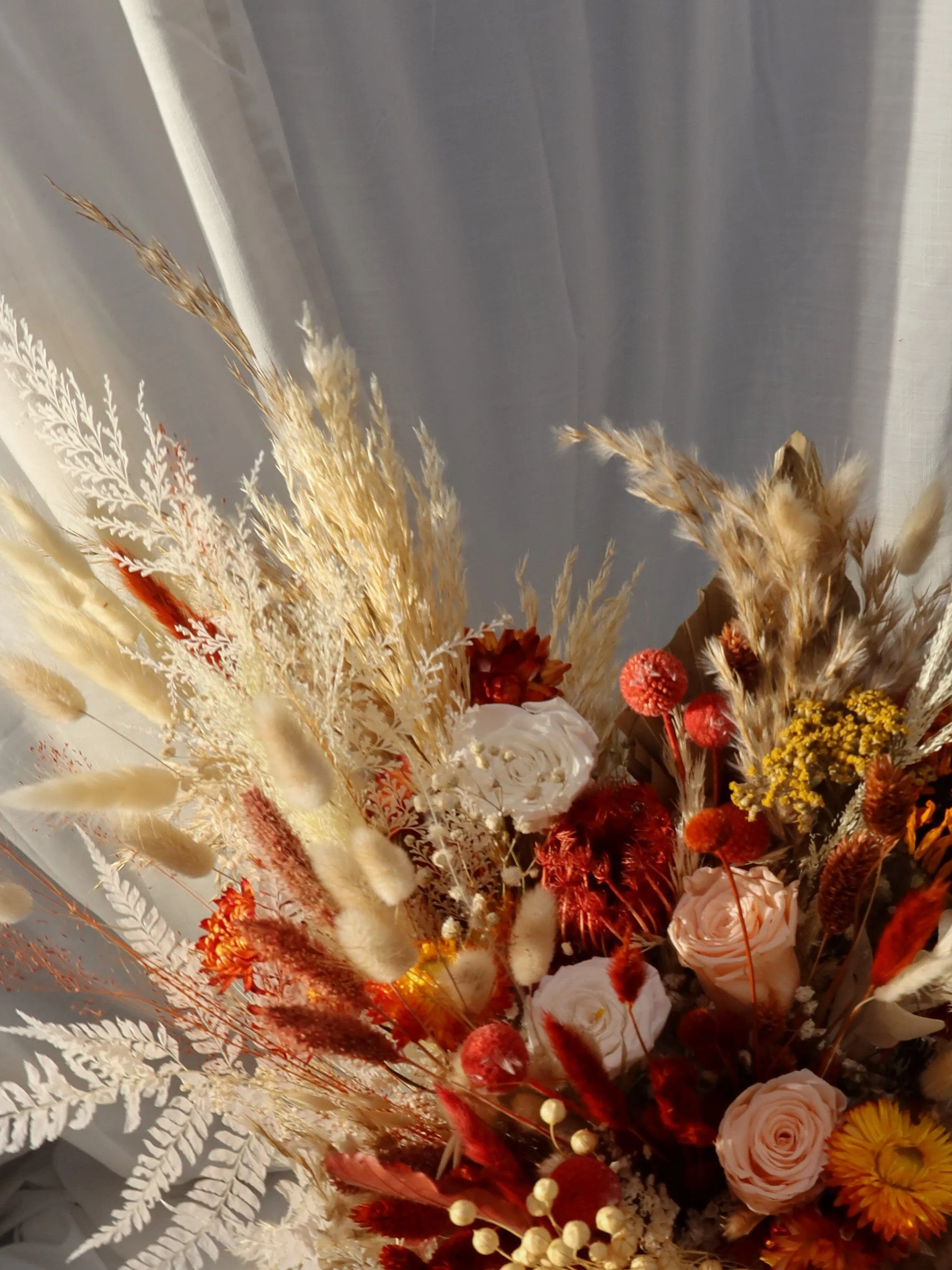 Colourful Dried Flowers Bridal Bouquet - Autumn Peach & Red