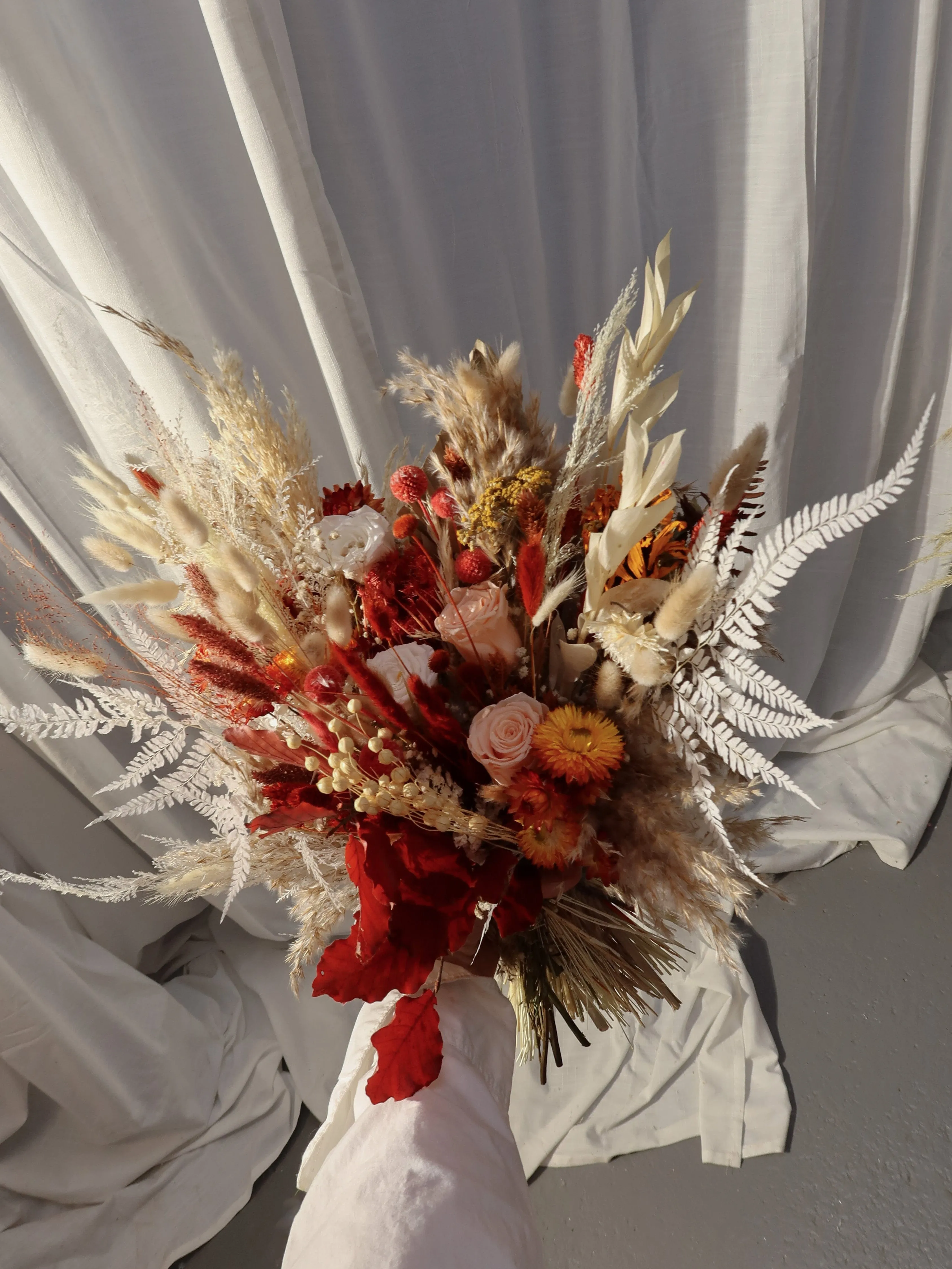 Colourful Dried Flowers Bridal Bouquet - Autumn Peach & Red