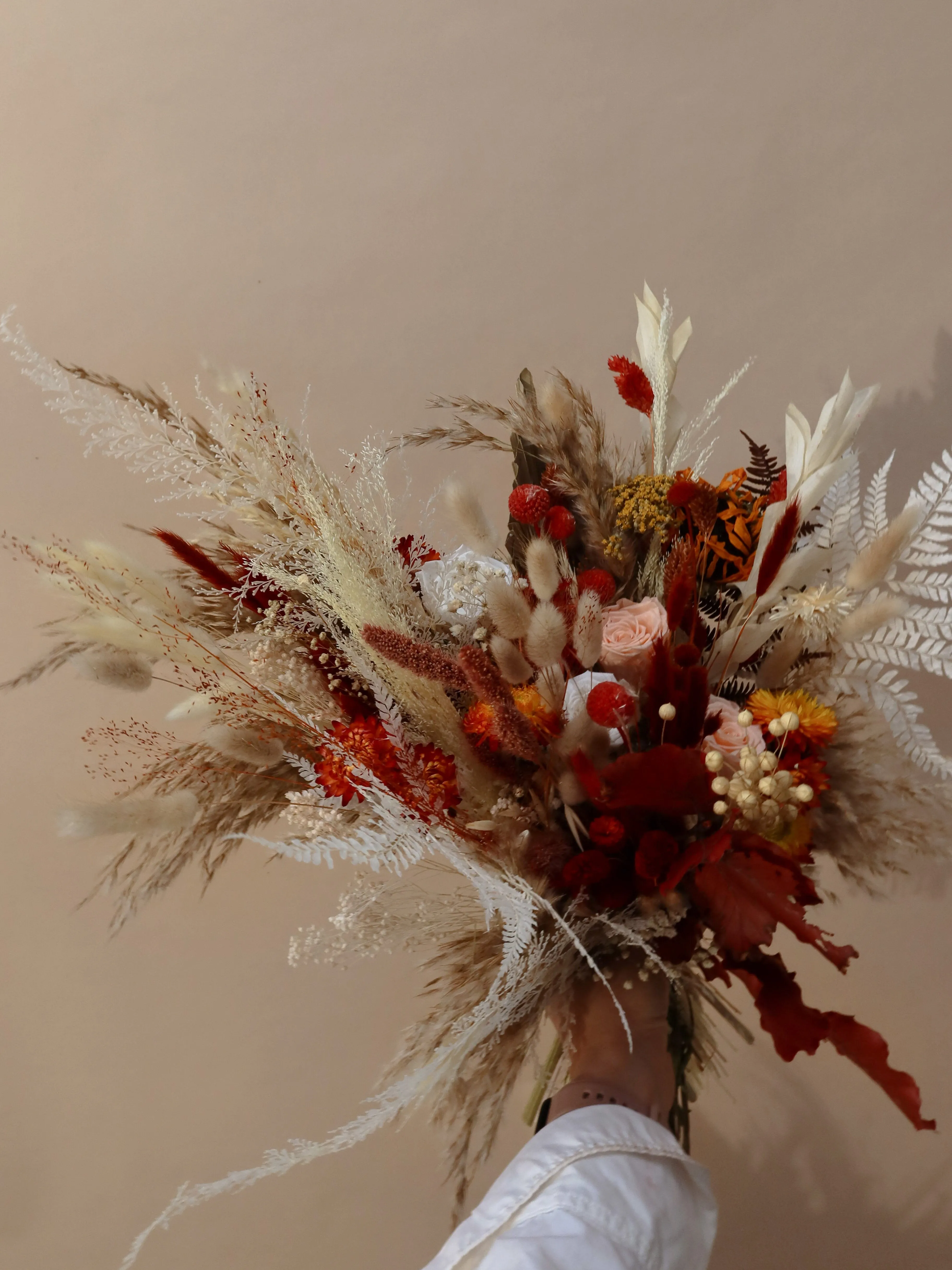 Colourful Dried Flowers Bridal Bouquet - Autumn Peach & Red