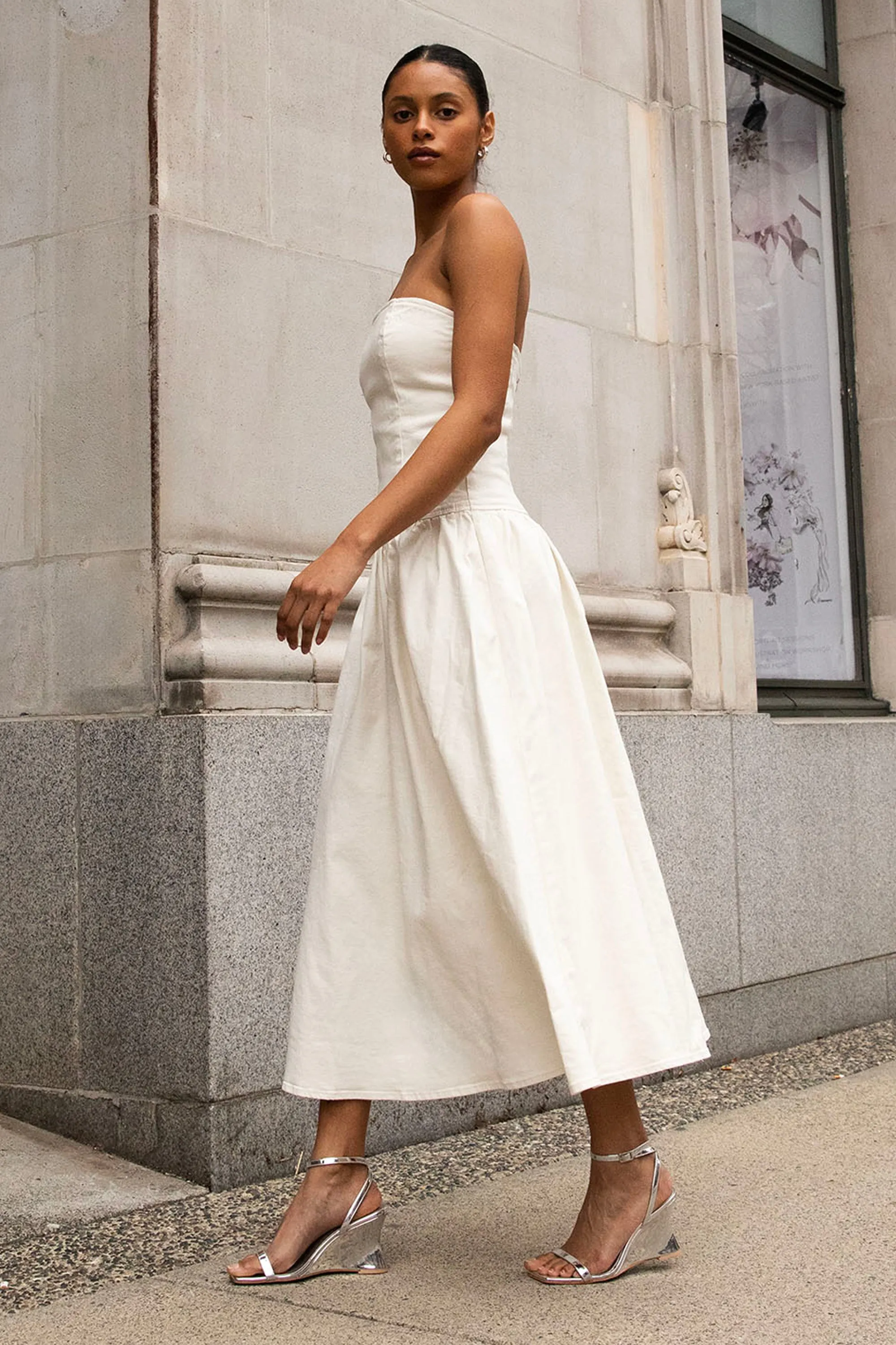 DROP-WAIST STRAPLESS TWILL DRESS