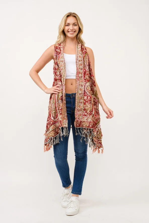 Embroidered Long Vest ~ Cinnamon & Cream