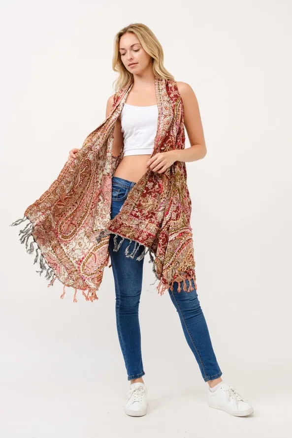 Embroidered Long Vest ~ Cinnamon & Cream