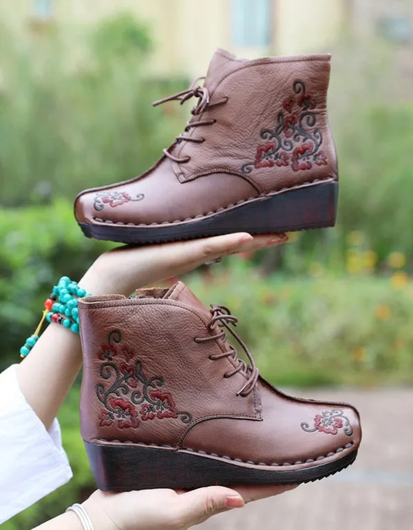 Ethnic Style Leather Embroidered Lace up Retro Boots