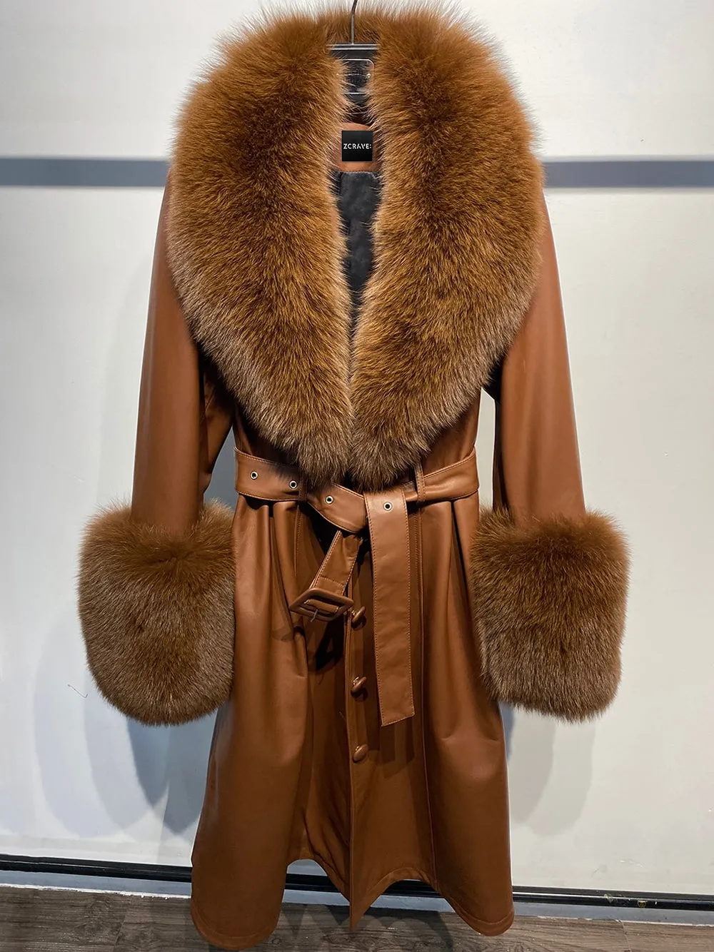 Faux Fur Genuine Leather Coat in Brown