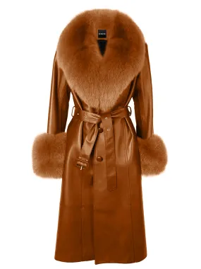 Faux Fur Genuine Leather Coat in Brown