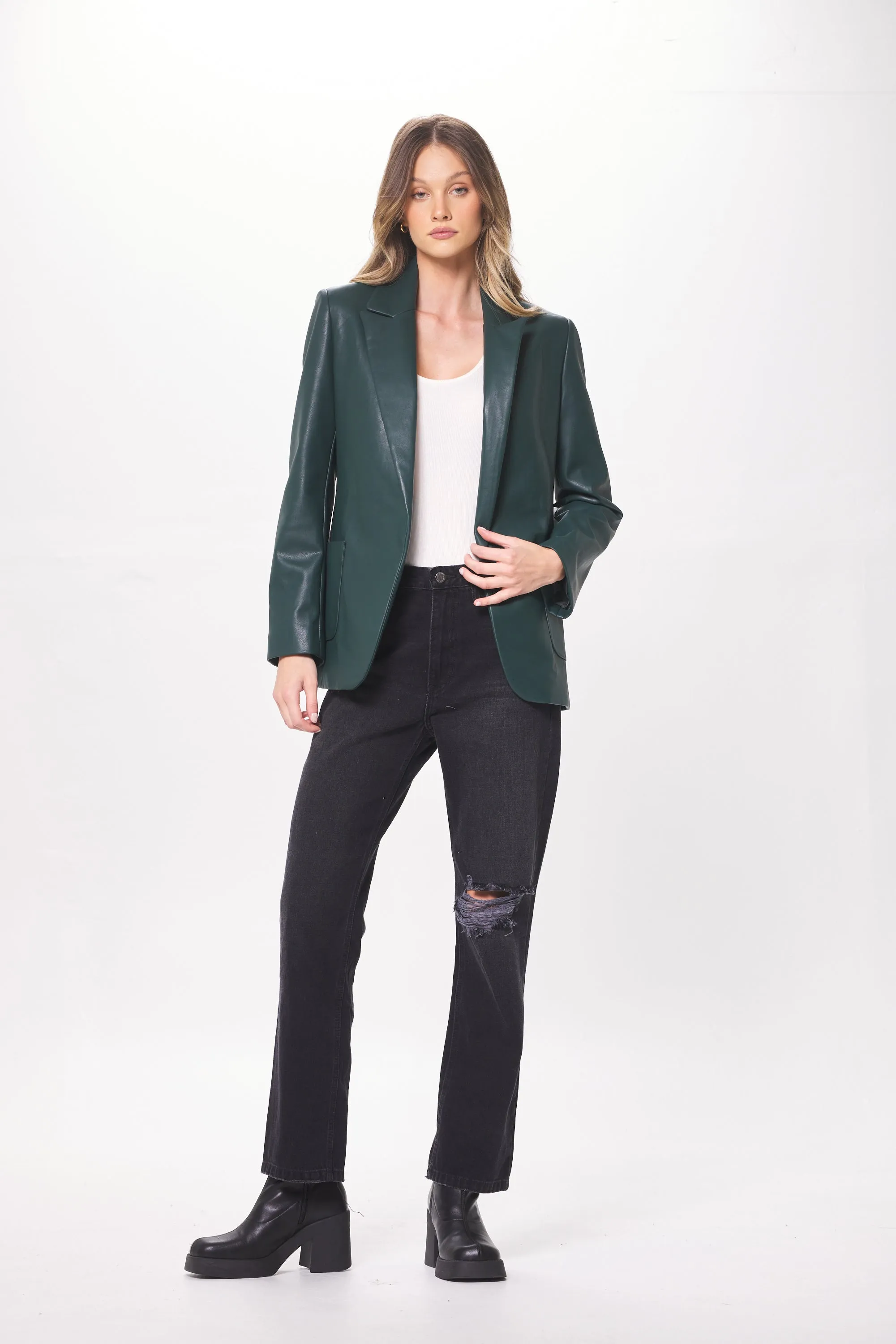 Forest Green Faux Leather Blazer