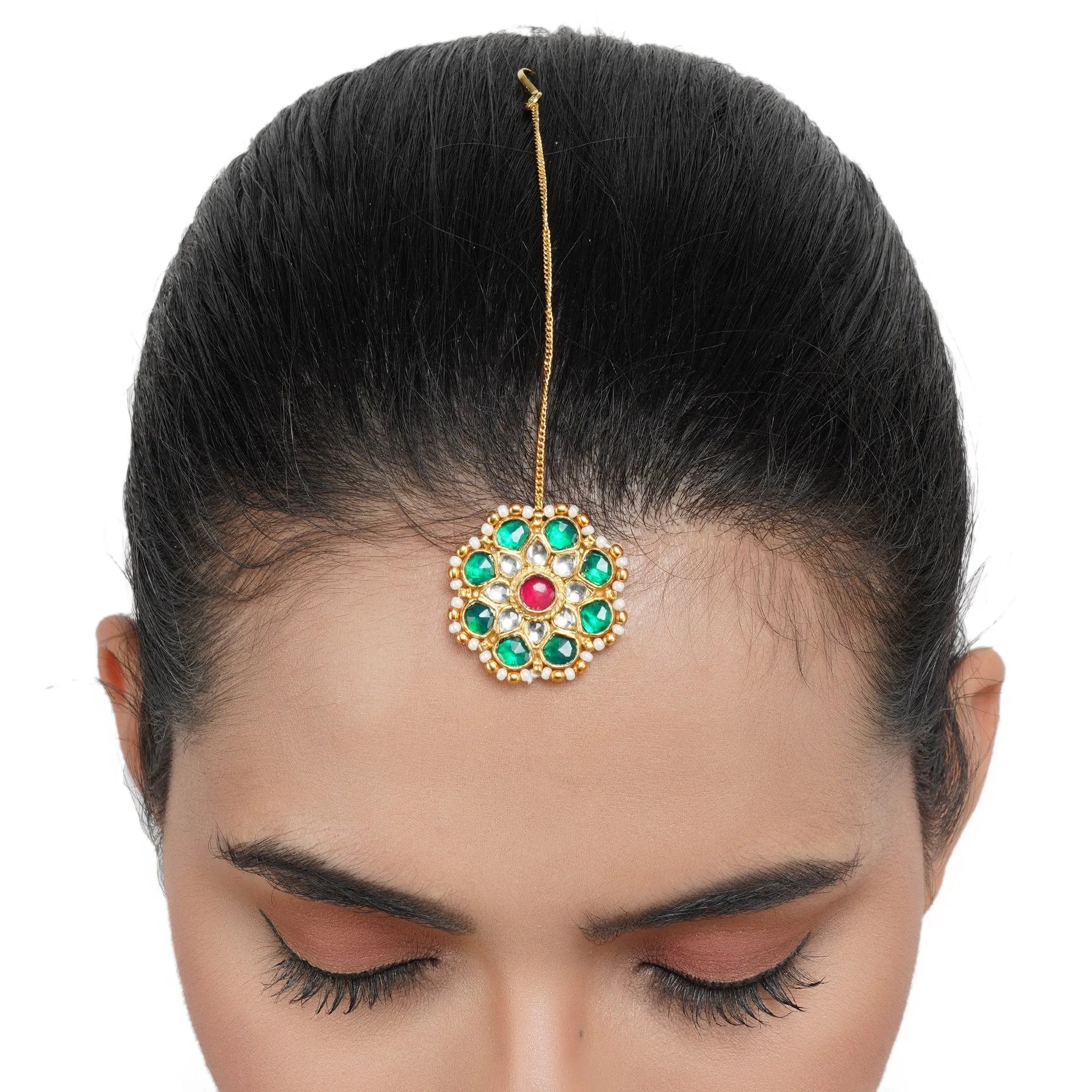 Gold Plated Green Kundan Flower Tikka