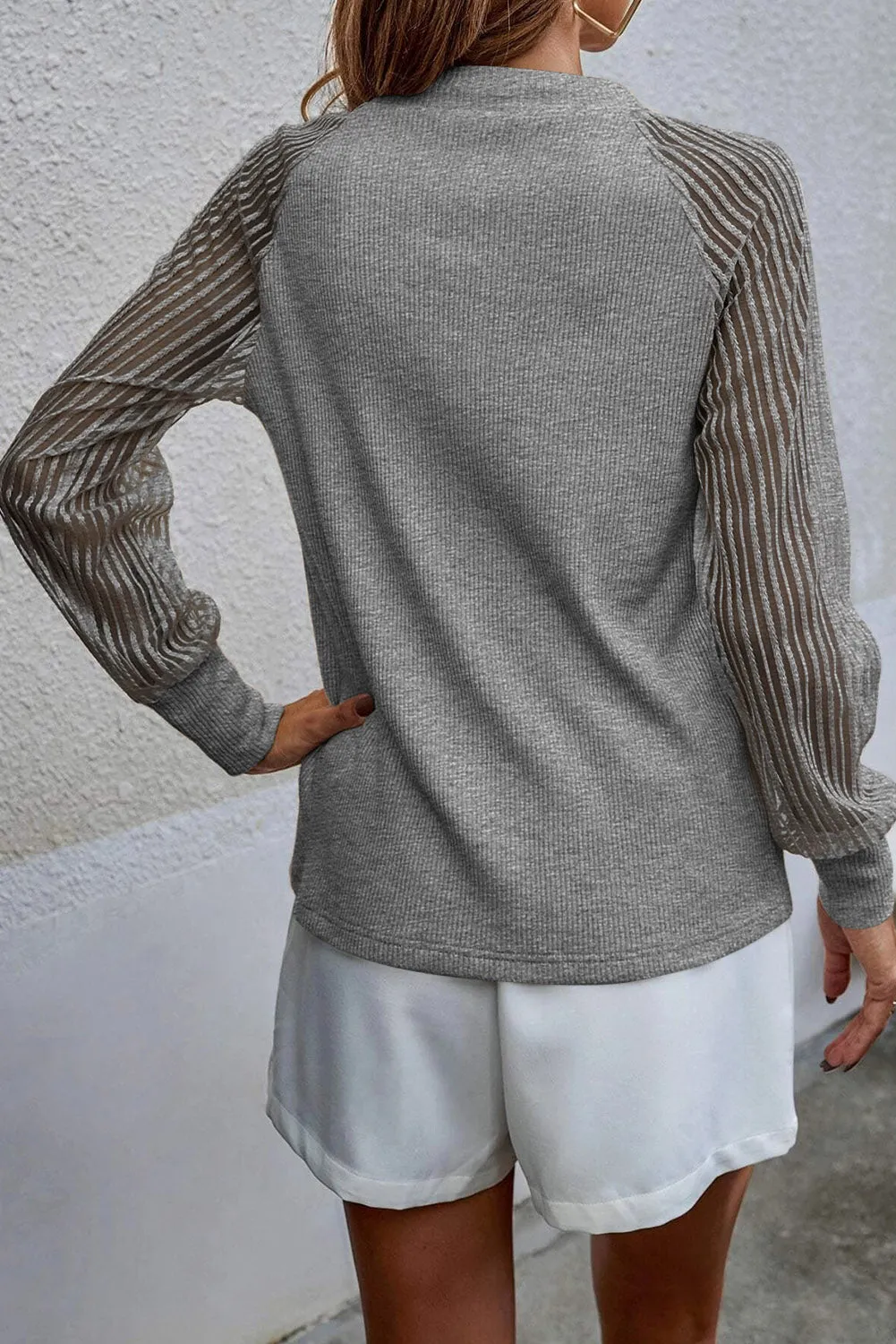 Gray Striped Mesh Long Sleeve Crewneck Ribbed Top