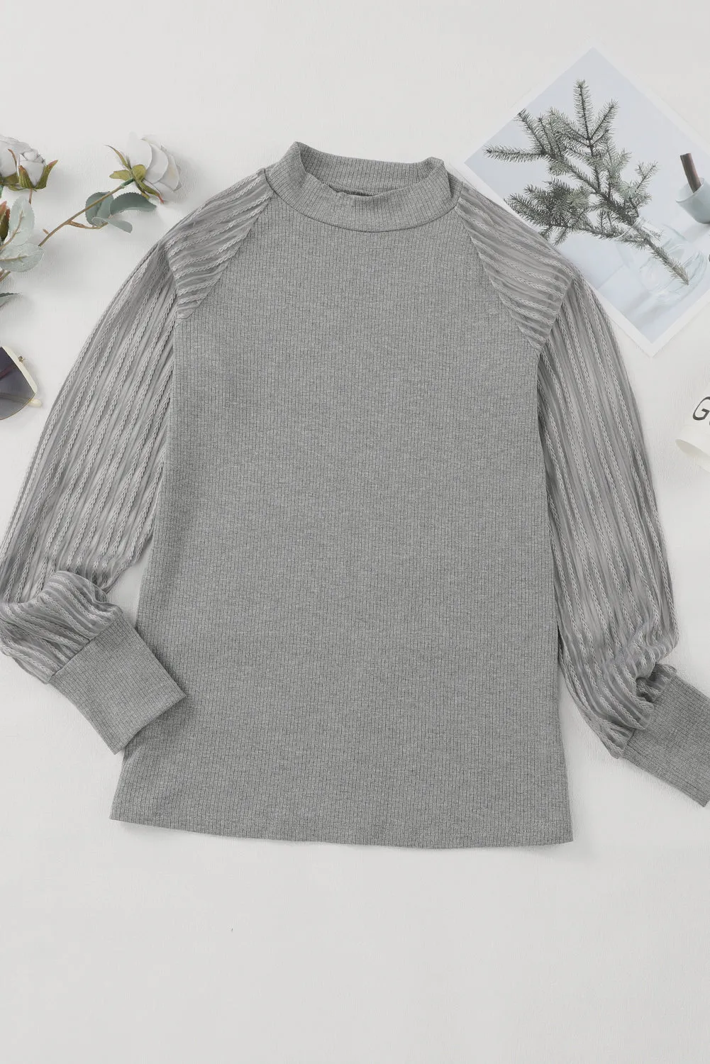 Gray Striped Mesh Long Sleeve Crewneck Ribbed Top