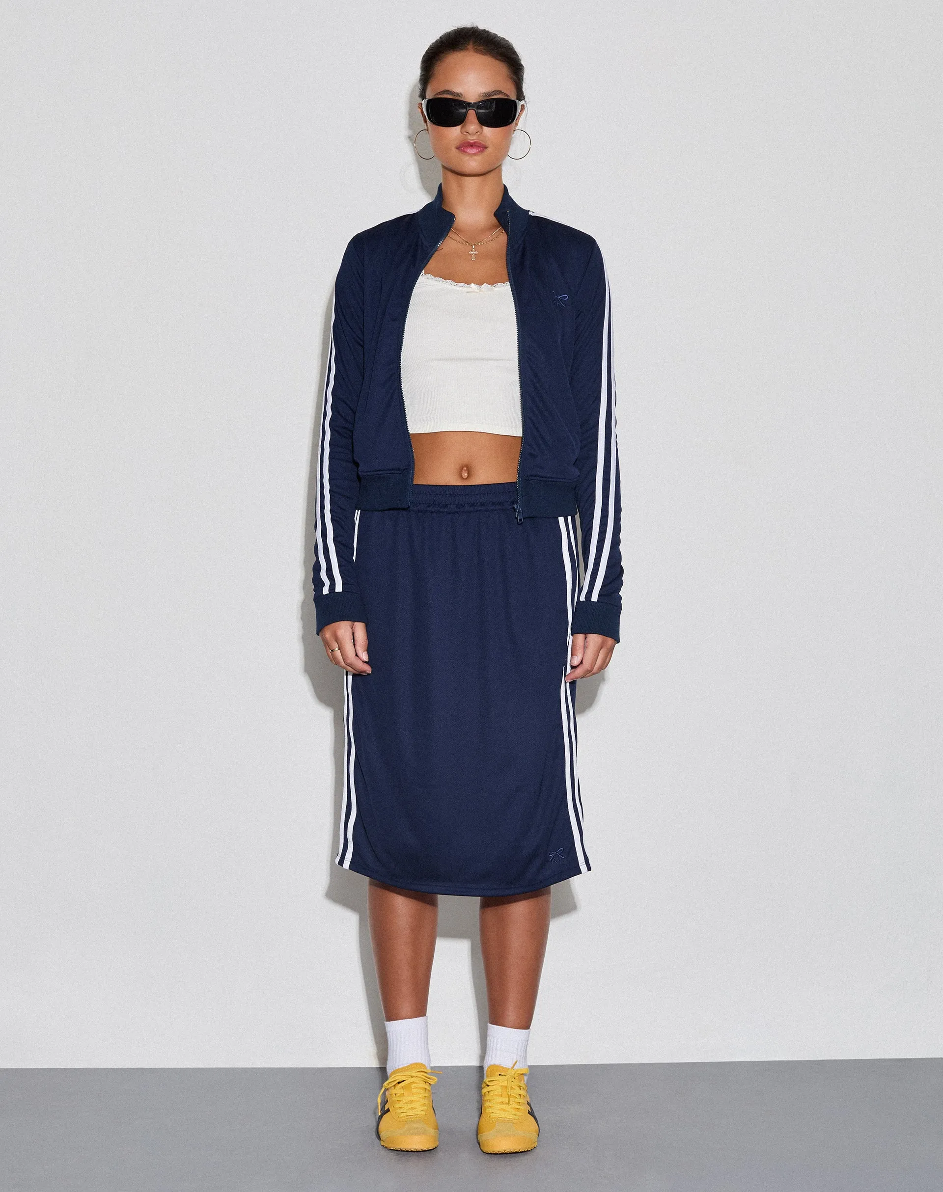 Kaizen Midi Skirt in Navy with White Double Stripe