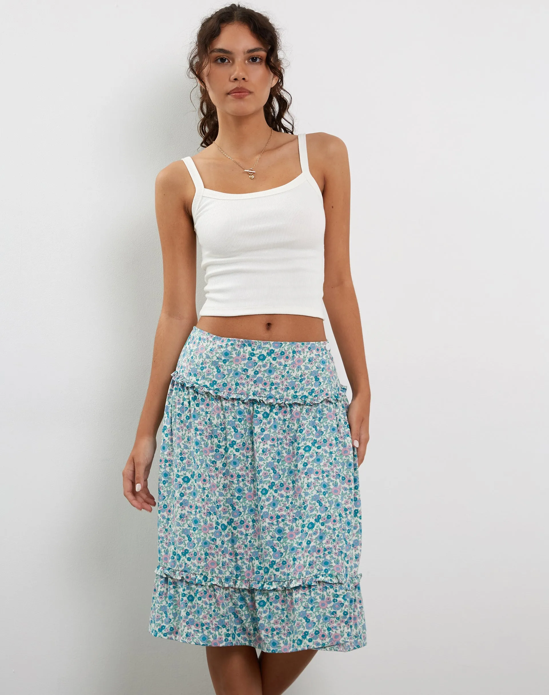 Kasya Frill Hem Midi Wrap Skirt in Flower Power Blue