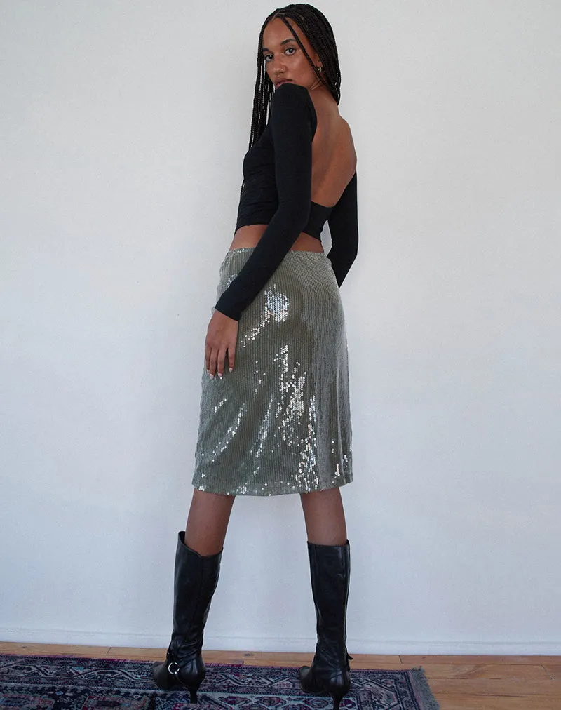 Kavi Midi Skirt in Khaki Green Clear Sequin