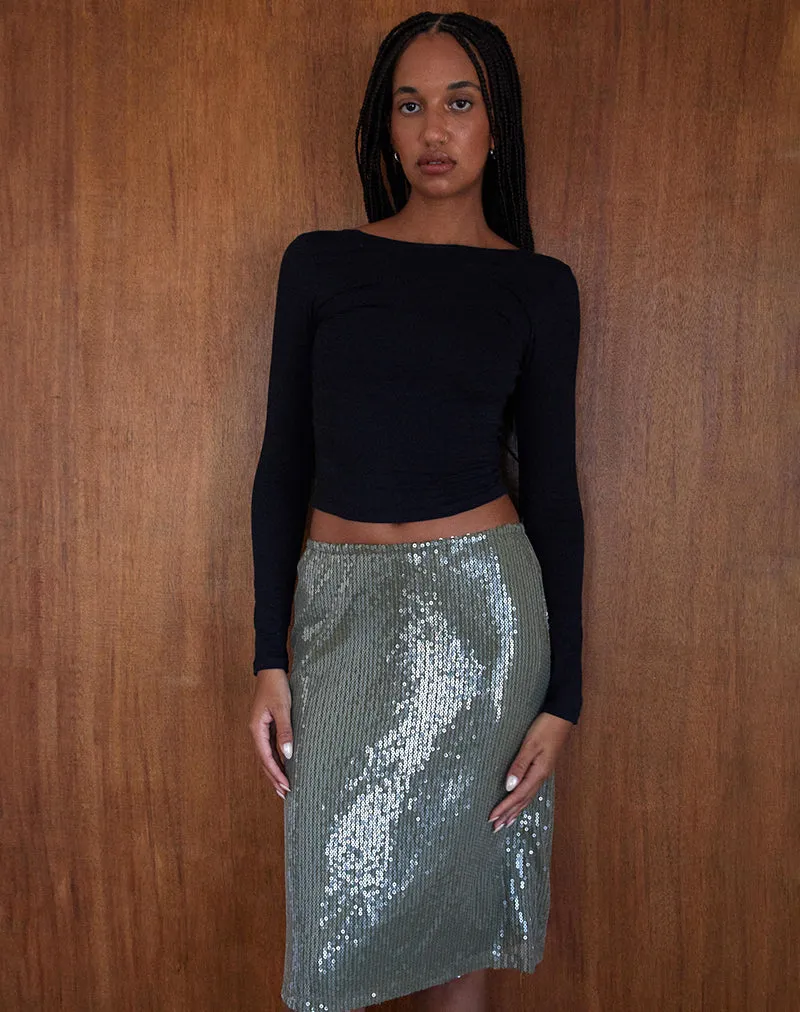 Kavi Midi Skirt in Khaki Green Clear Sequin