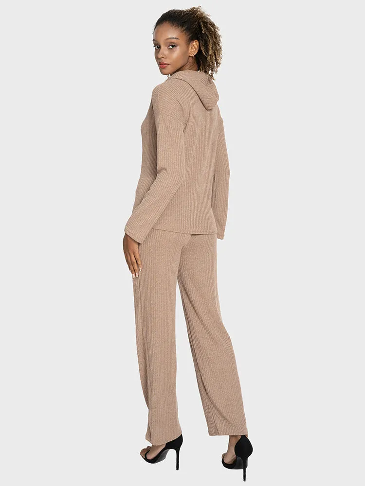 Knitted Drawstring Long Sleeved Hoodie & Wide Leg Pants