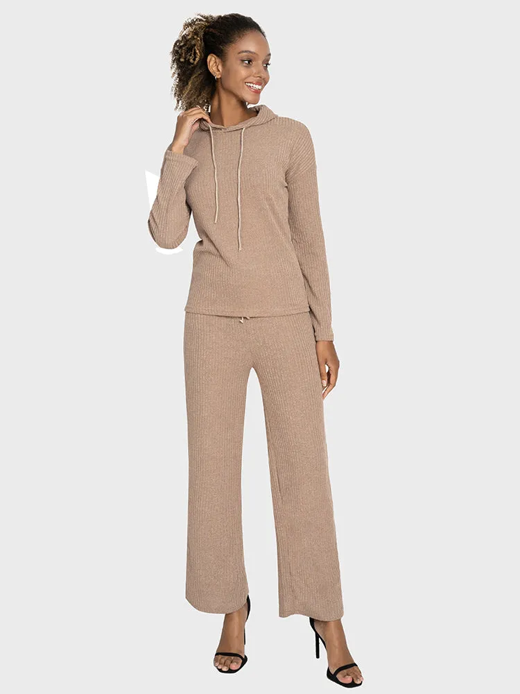 Knitted Drawstring Long Sleeved Hoodie & Wide Leg Pants