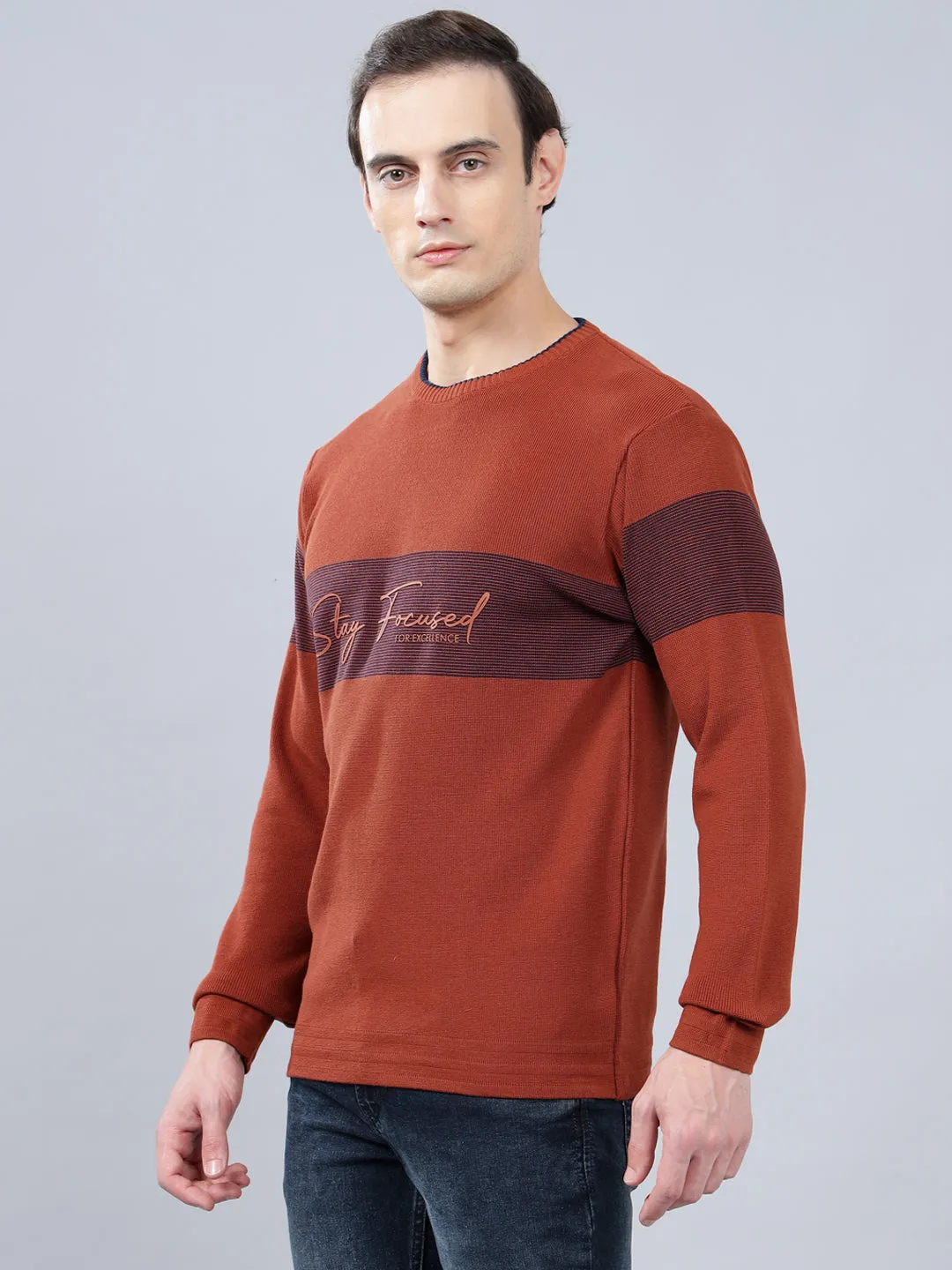 Men's Rust Striped Full Sleeve Sweater