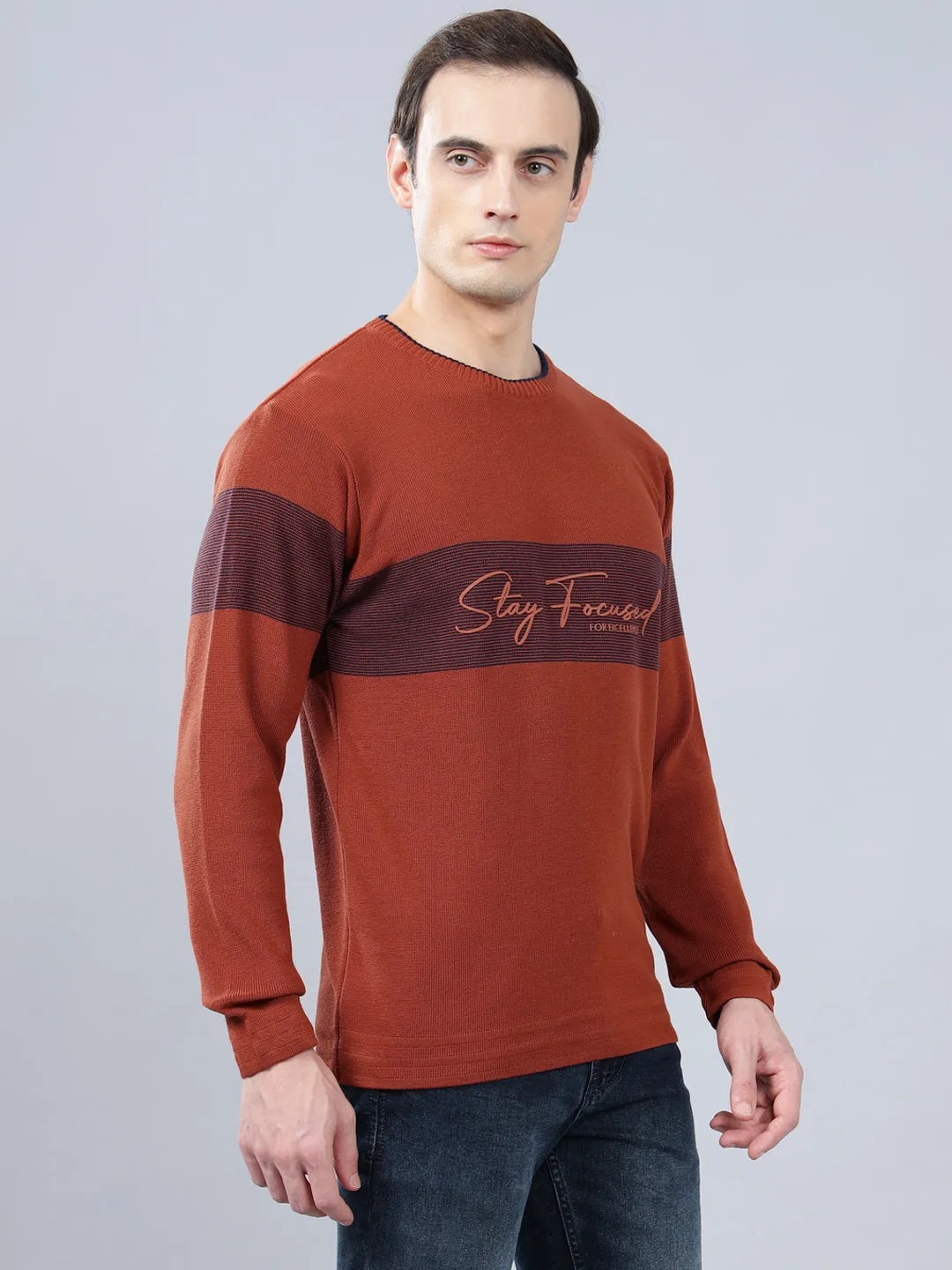 Men's Rust Striped Full Sleeve Sweater