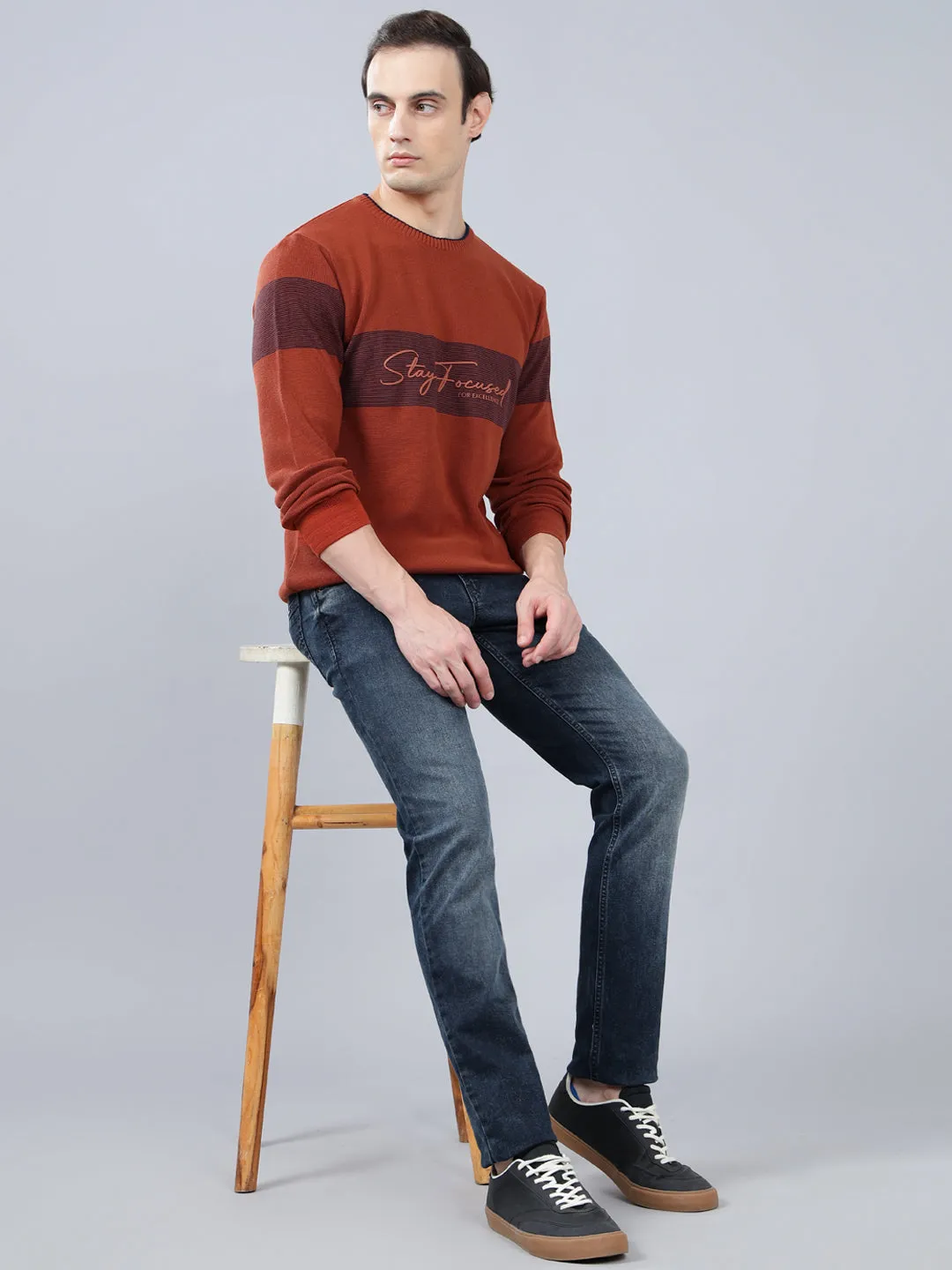 Men's Rust Striped Full Sleeve Sweater