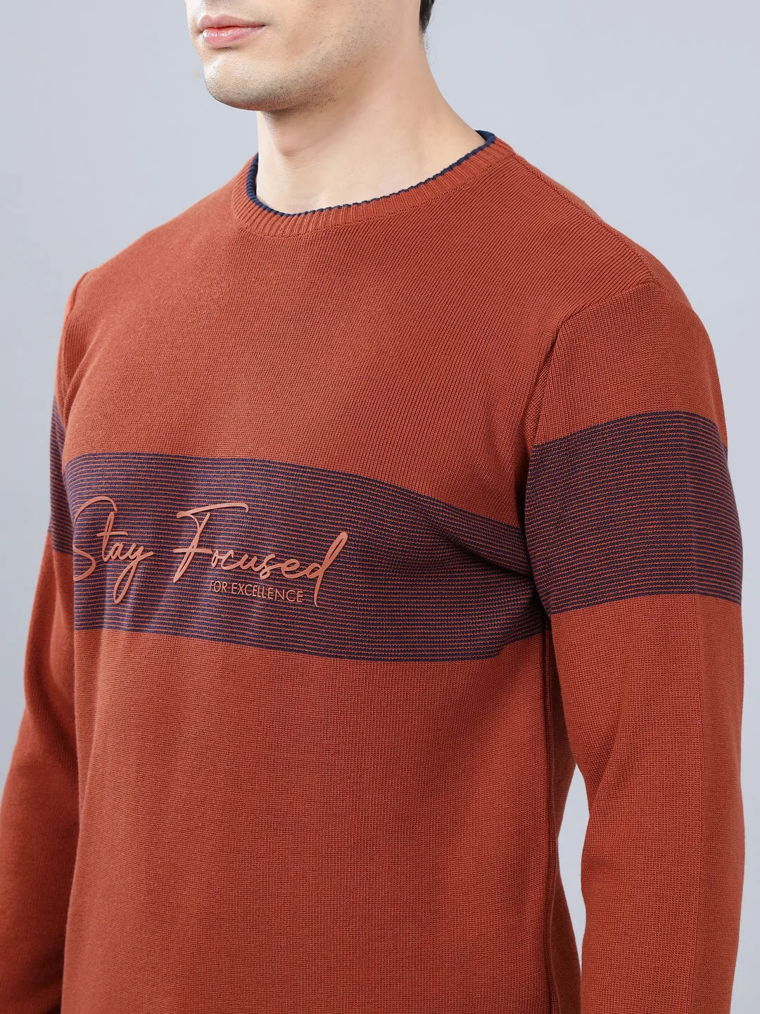 Men's Rust Striped Full Sleeve Sweater