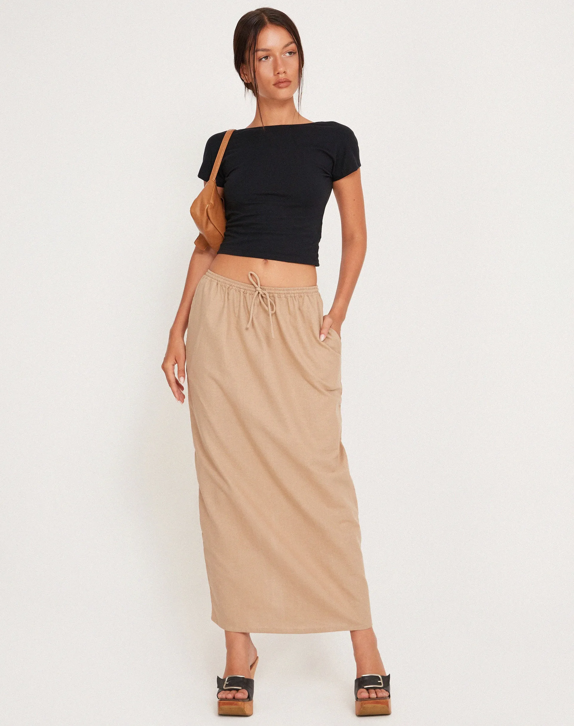 MOTEL X JACQUIE Joelene Tie Waist Maxi Skirt in Light Taupe