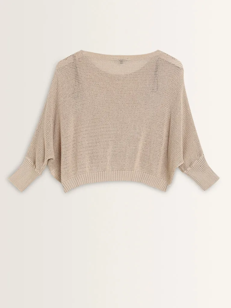 Nuon Beige Heart Embroidered Knitted Cotton Sweater