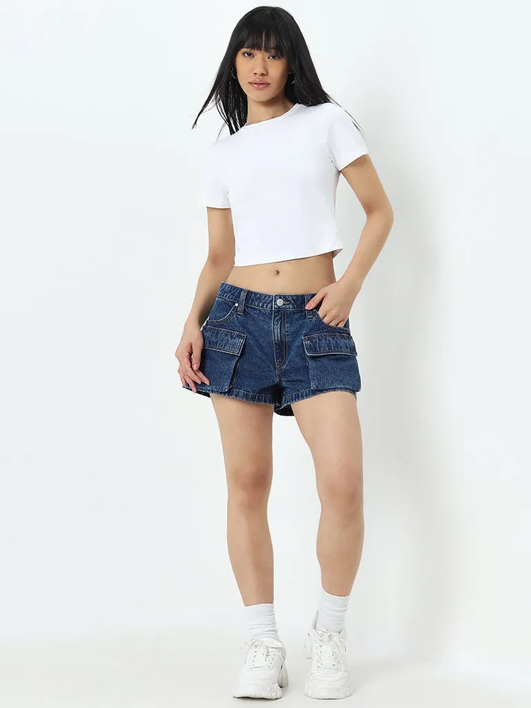 Nuon Blue Cargo-Style Denim Mid-Rise Shorts