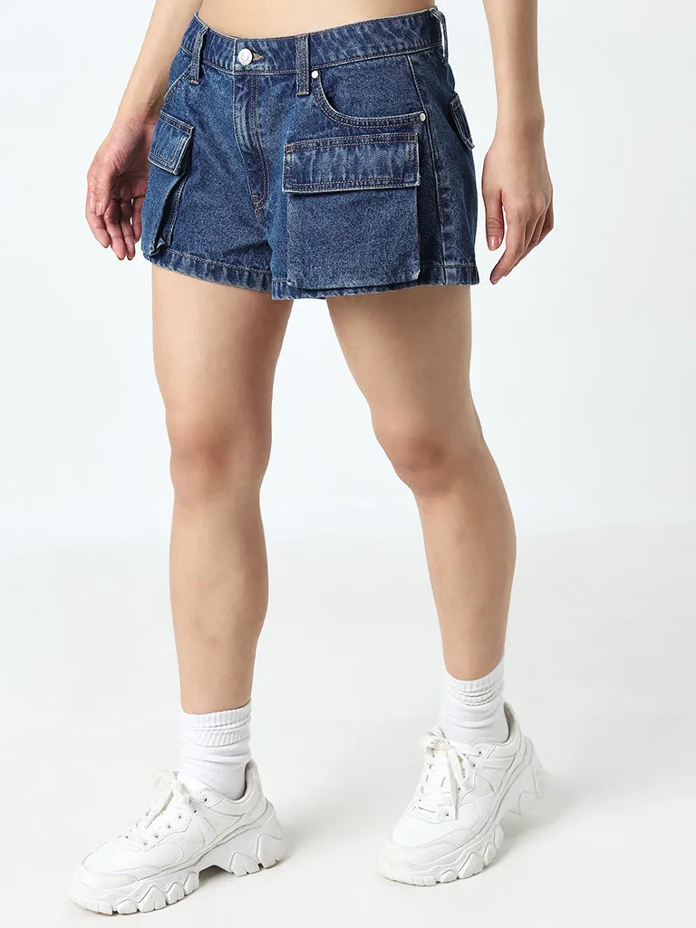 Nuon Blue Cargo-Style Denim Mid-Rise Shorts