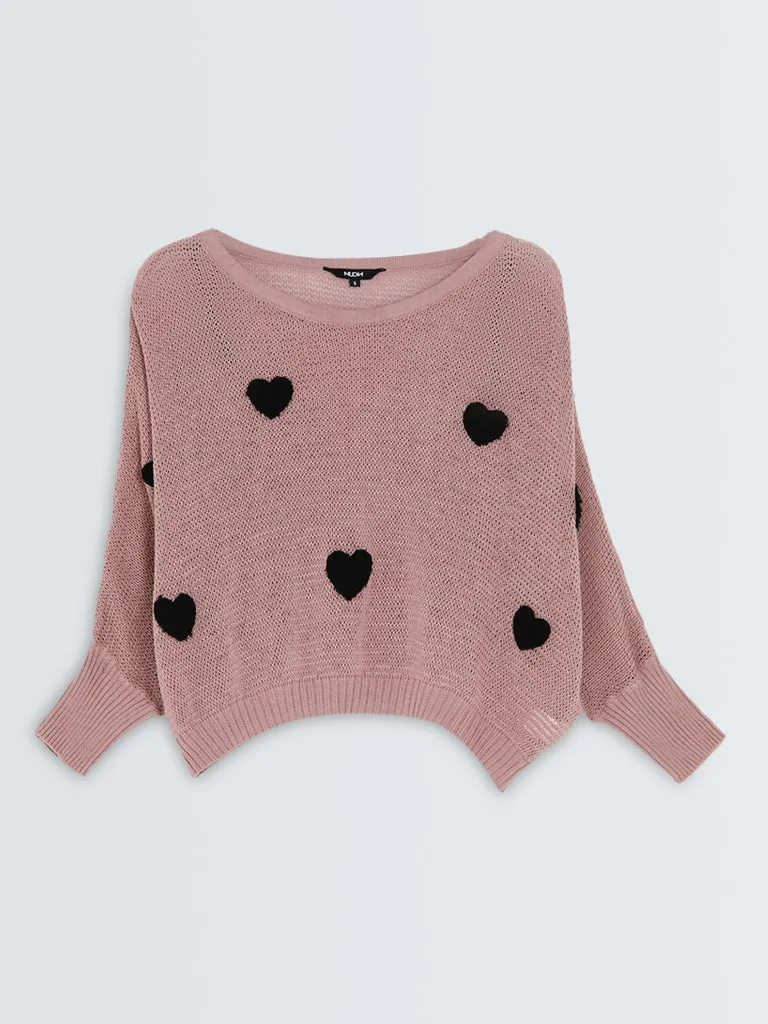 Nuon Dusty Pink Heart Embroidered Knitted Cotton Sweater