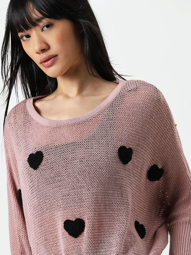 Nuon Dusty Pink Heart Embroidered Knitted Cotton Sweater