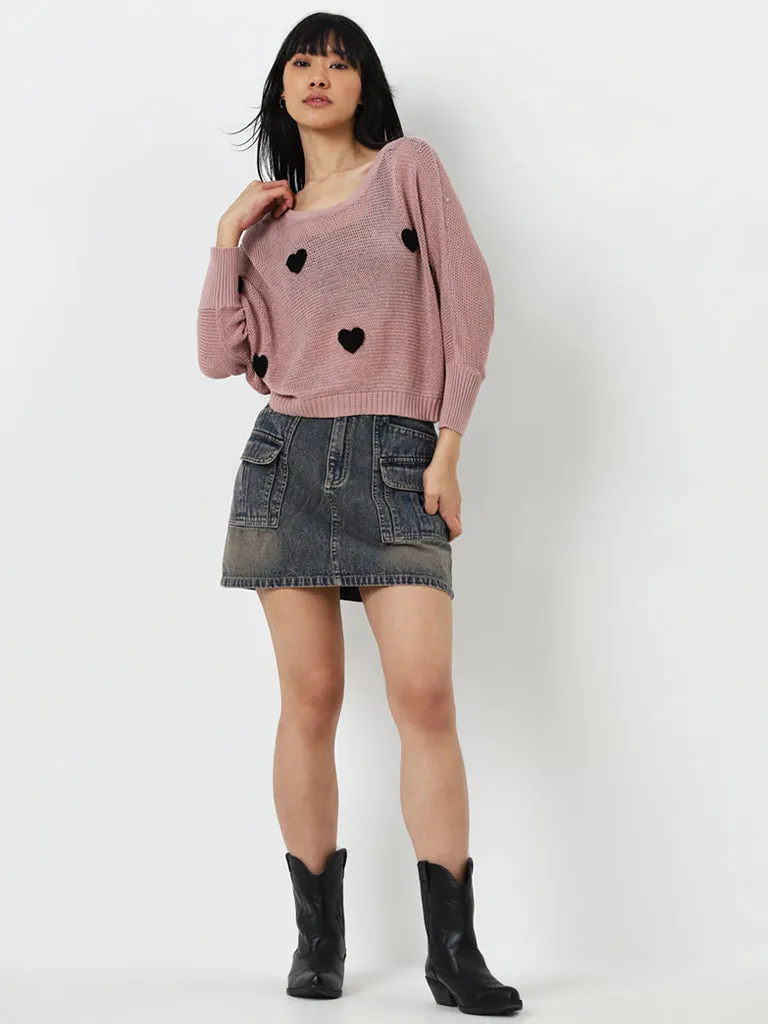 Nuon Dusty Pink Heart Embroidered Knitted Cotton Sweater