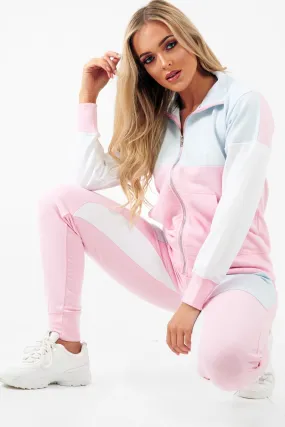 Pink Blue White Colour Block Tracksuit - Karalynn