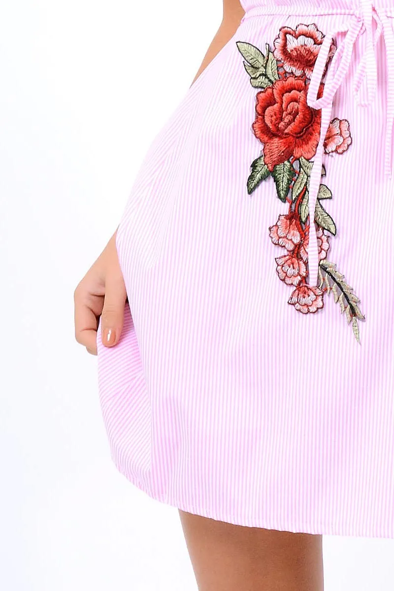 Pink Striped Cold Shoulder Embroidered Shirt Dress - Isadora